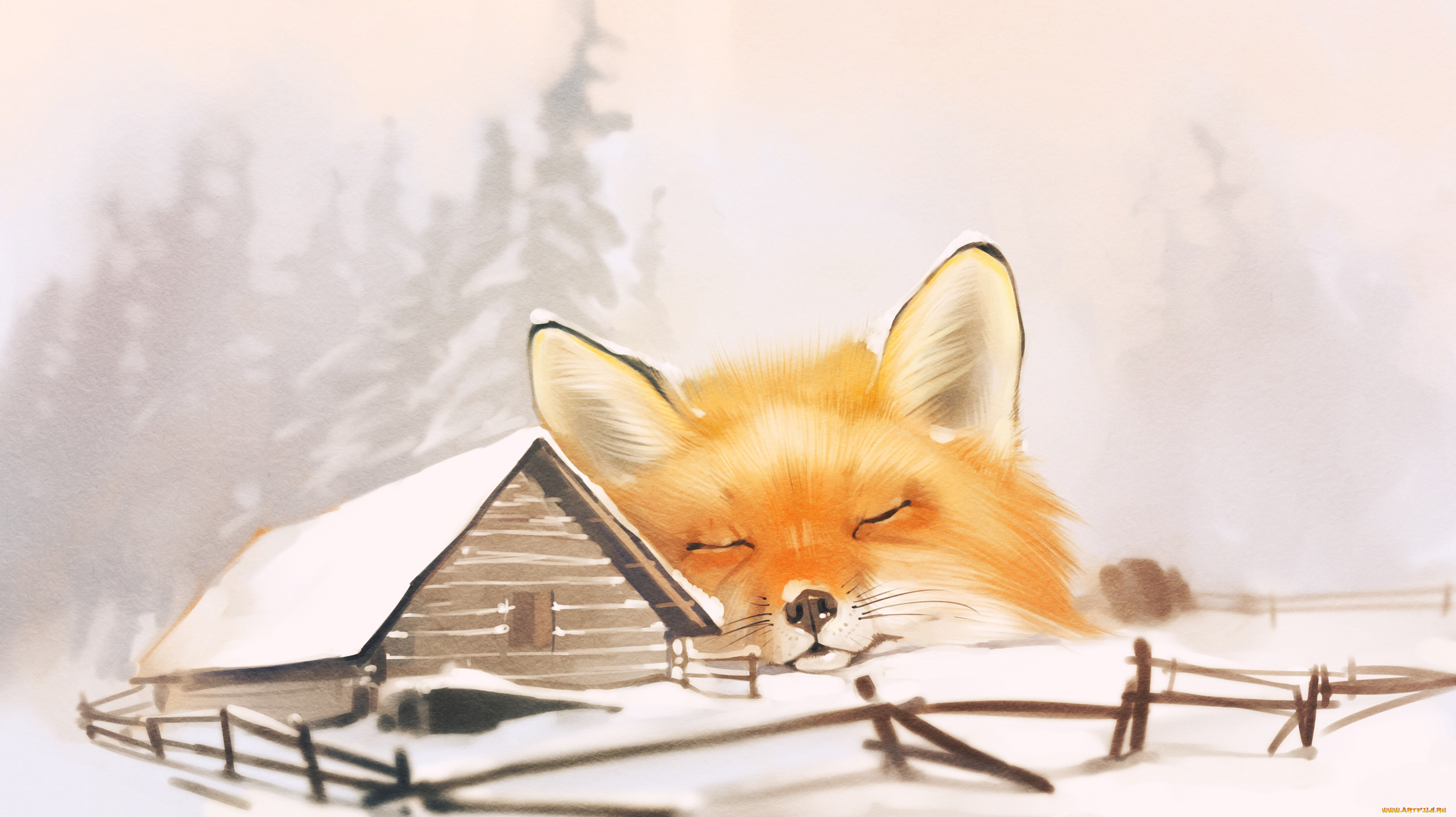 рисованное, животные, , лисы, winter, fox, лиса, дом