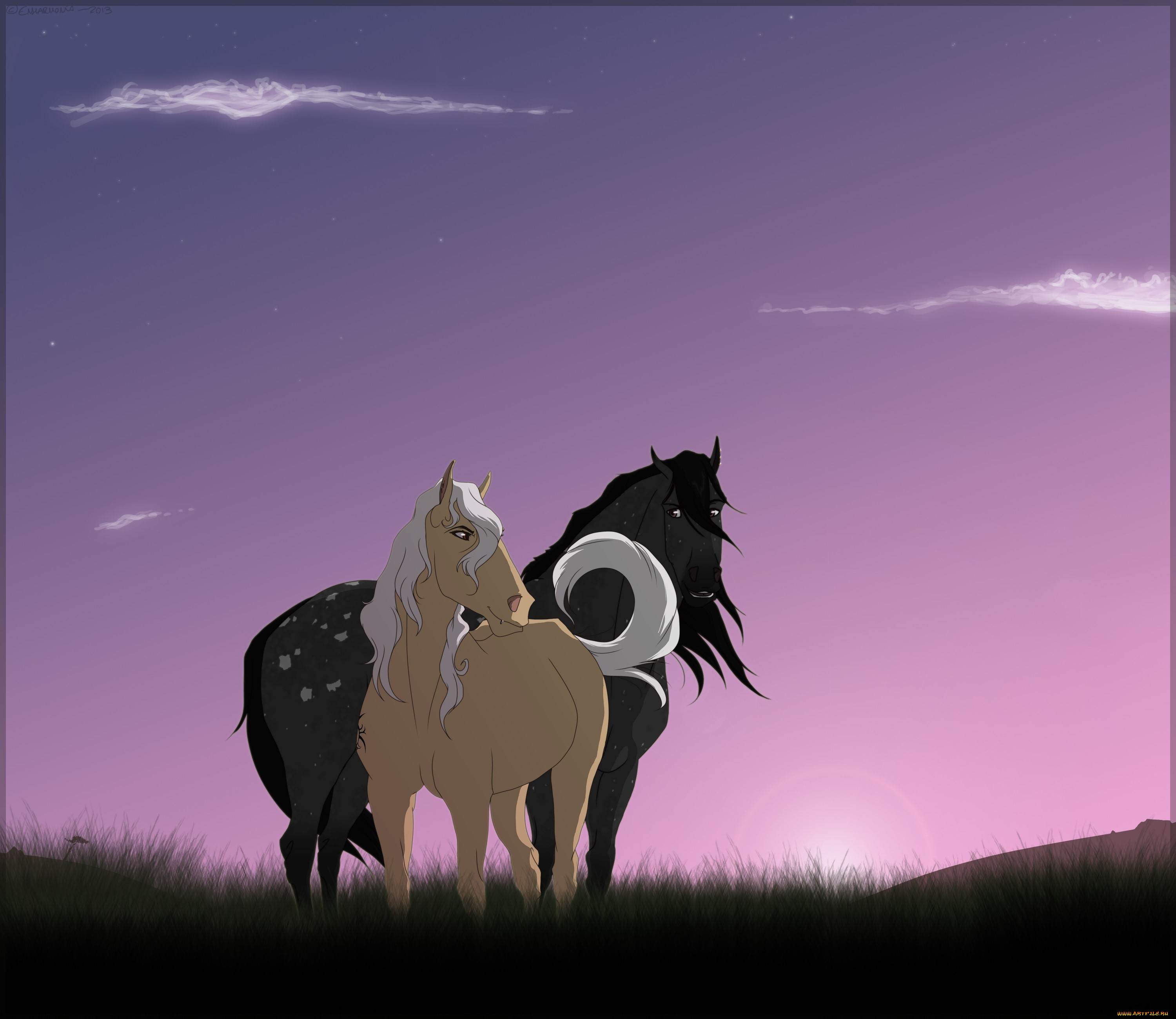 рисованное, животные, , лошади, лошади, ночь, трава, облака, небо