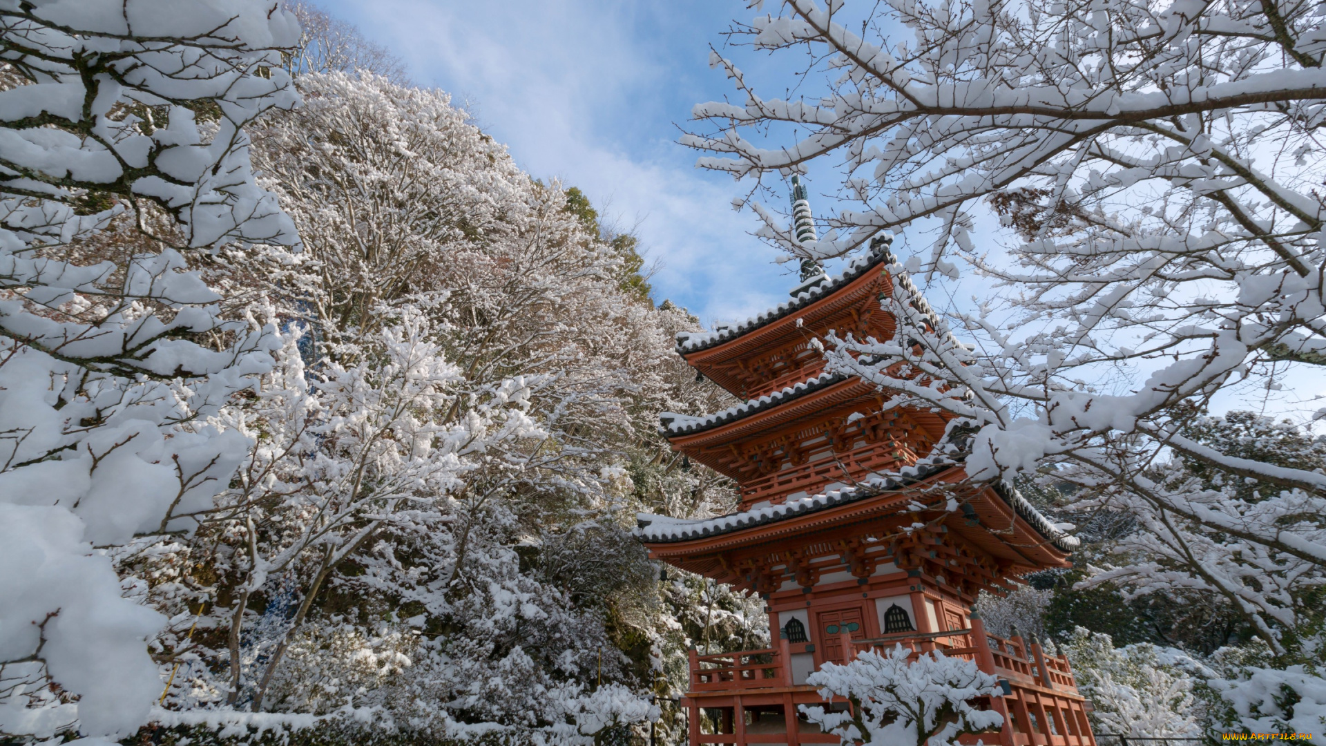 города, киото, , Япония, ветки, храм, киото, japan, kyoto, деревья, снег, mimuroto-ji, temple, зима, пагода