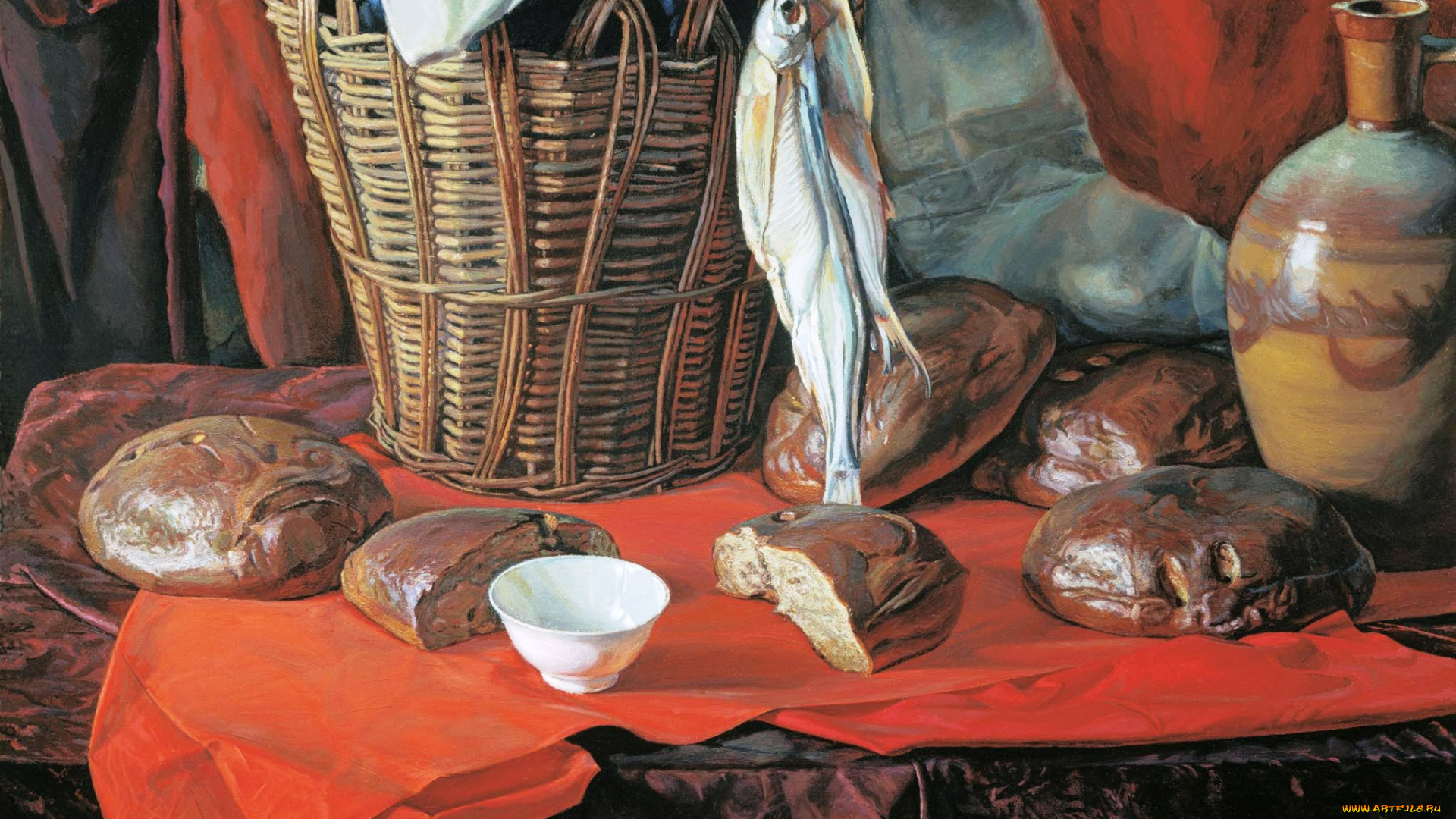 пять, хлебов, рисованное, виктор, маторин, стол, ткань, хлеб, корзина, рыба, кувшин