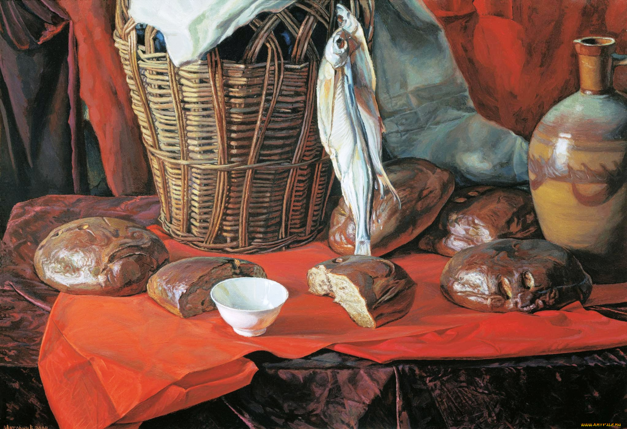 пять, хлебов, рисованное, виктор, маторин, стол, ткань, хлеб, корзина, рыба, кувшин