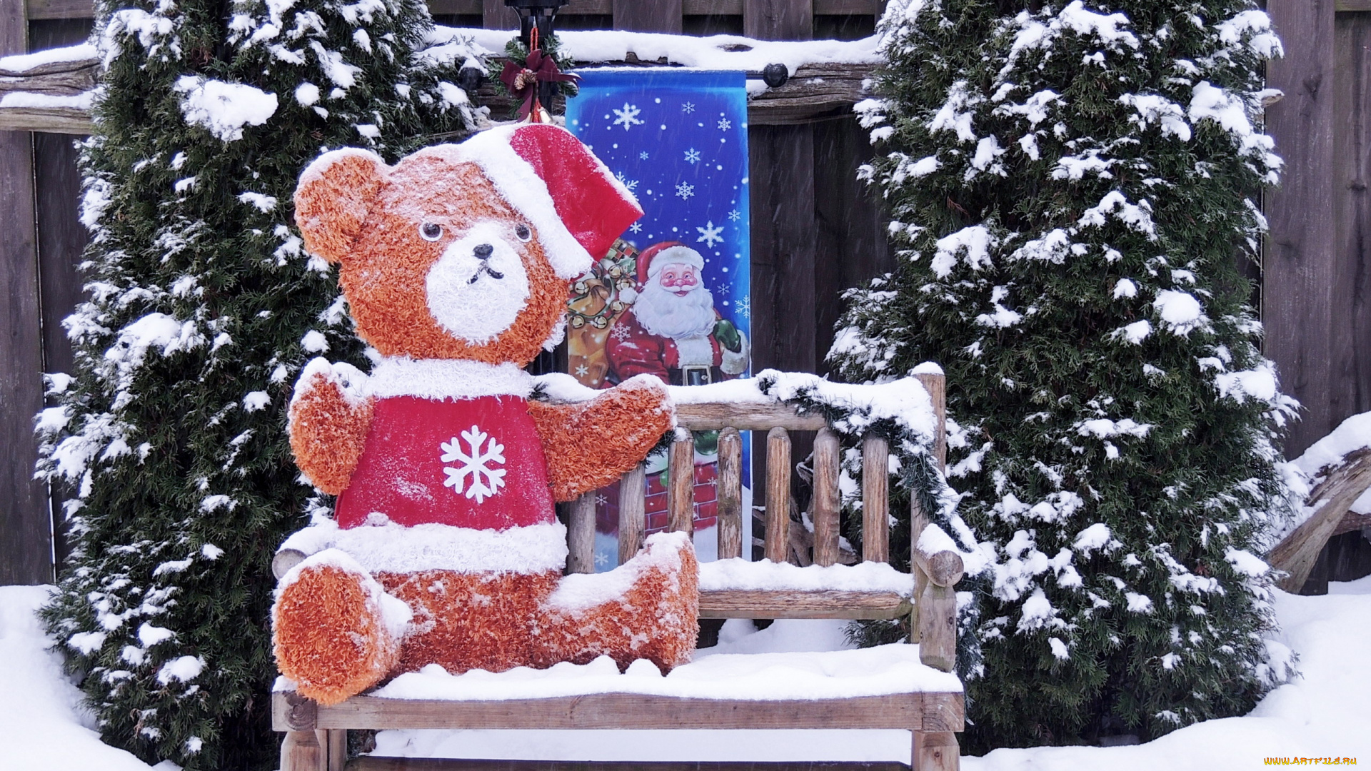 праздничные, -, разное, , новый, год, скамейка, медведь, снег