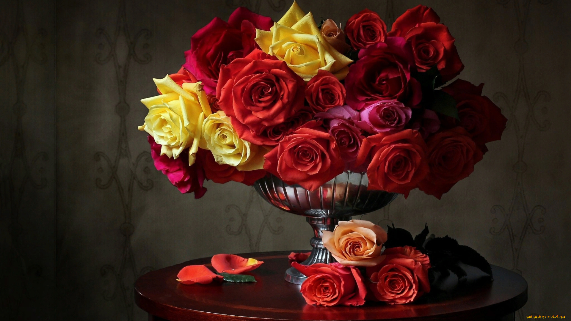 цветы, розы, ваза, букет, разноцветные