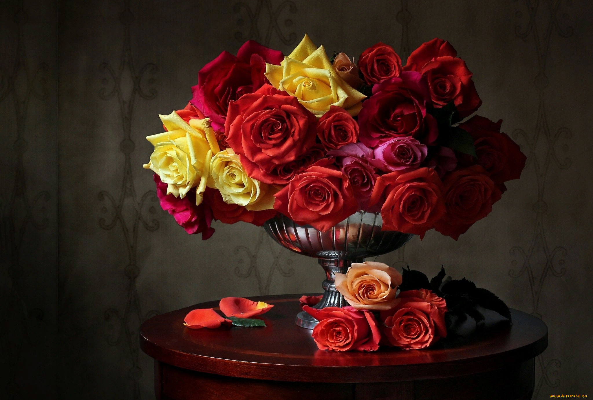 цветы, розы, ваза, букет, разноцветные