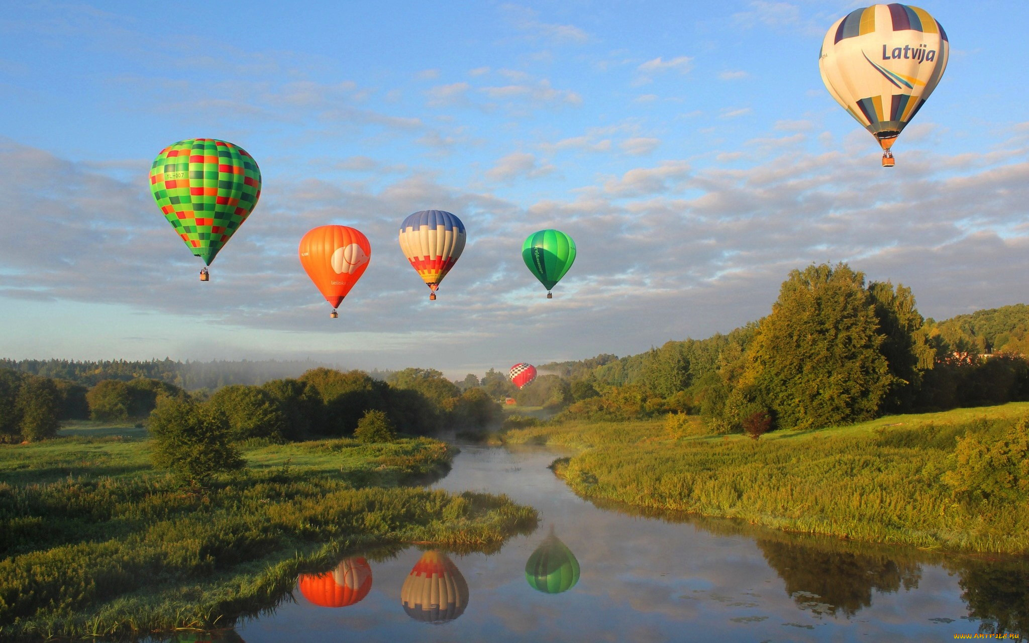 авиация, воздушные, шары, дирижабли, небо, воздушные, шары, полет, панорама, река