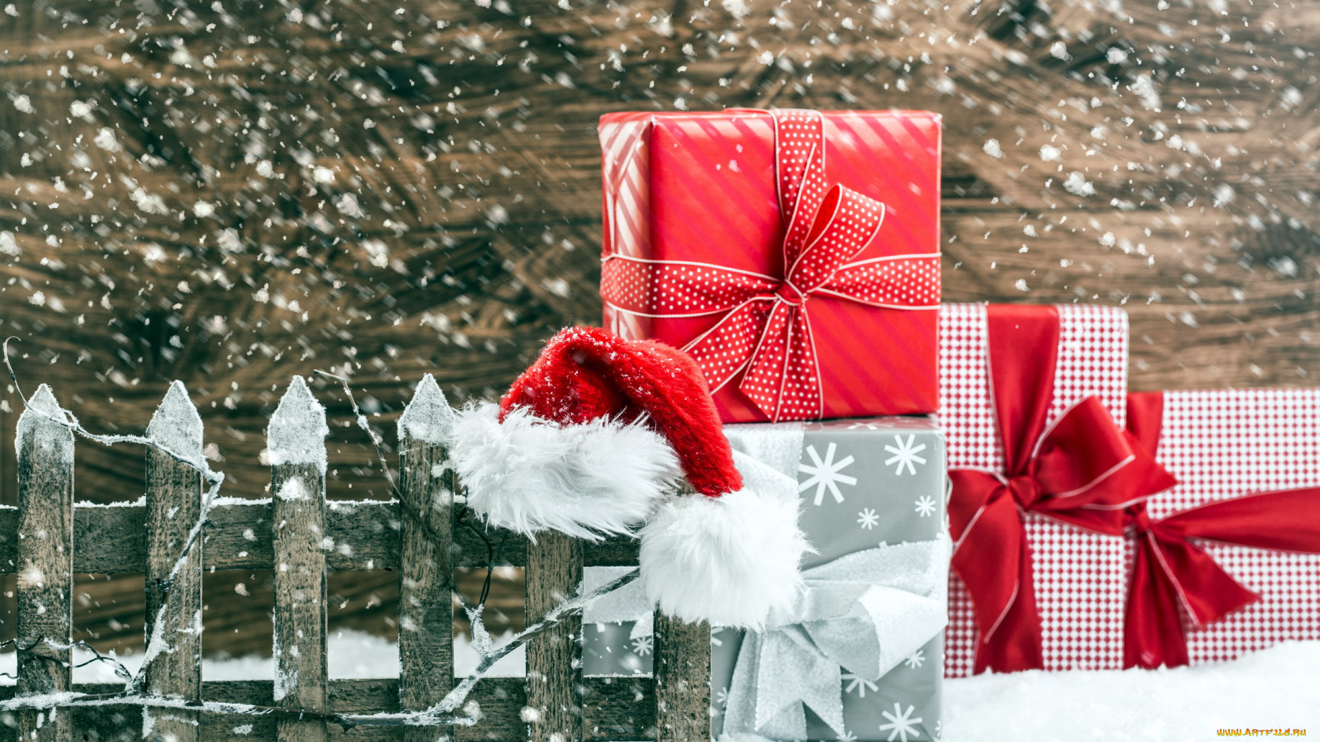 праздничные, подарки, и, коробочки, снег, банты, забор, колпак, подарки
