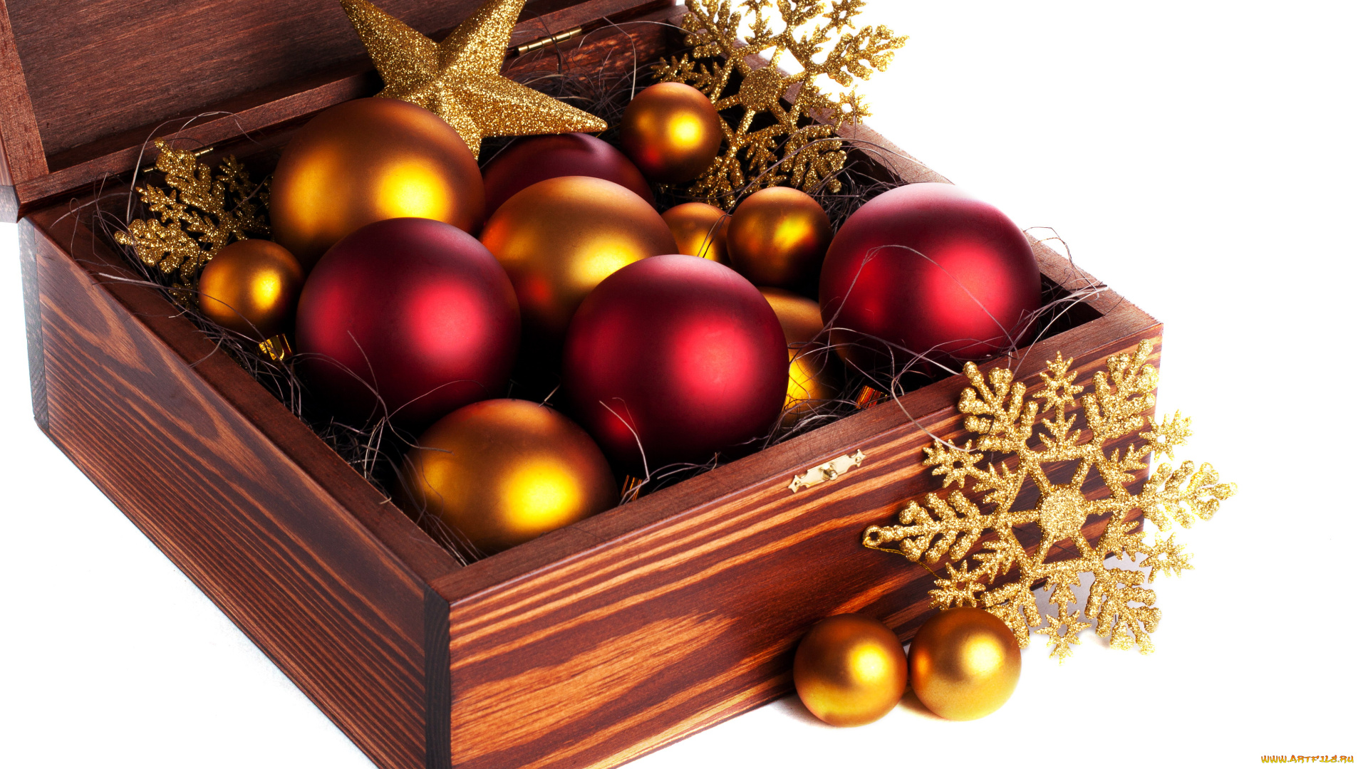 праздничные, шарики, красный, коробка, золотой, снежинки