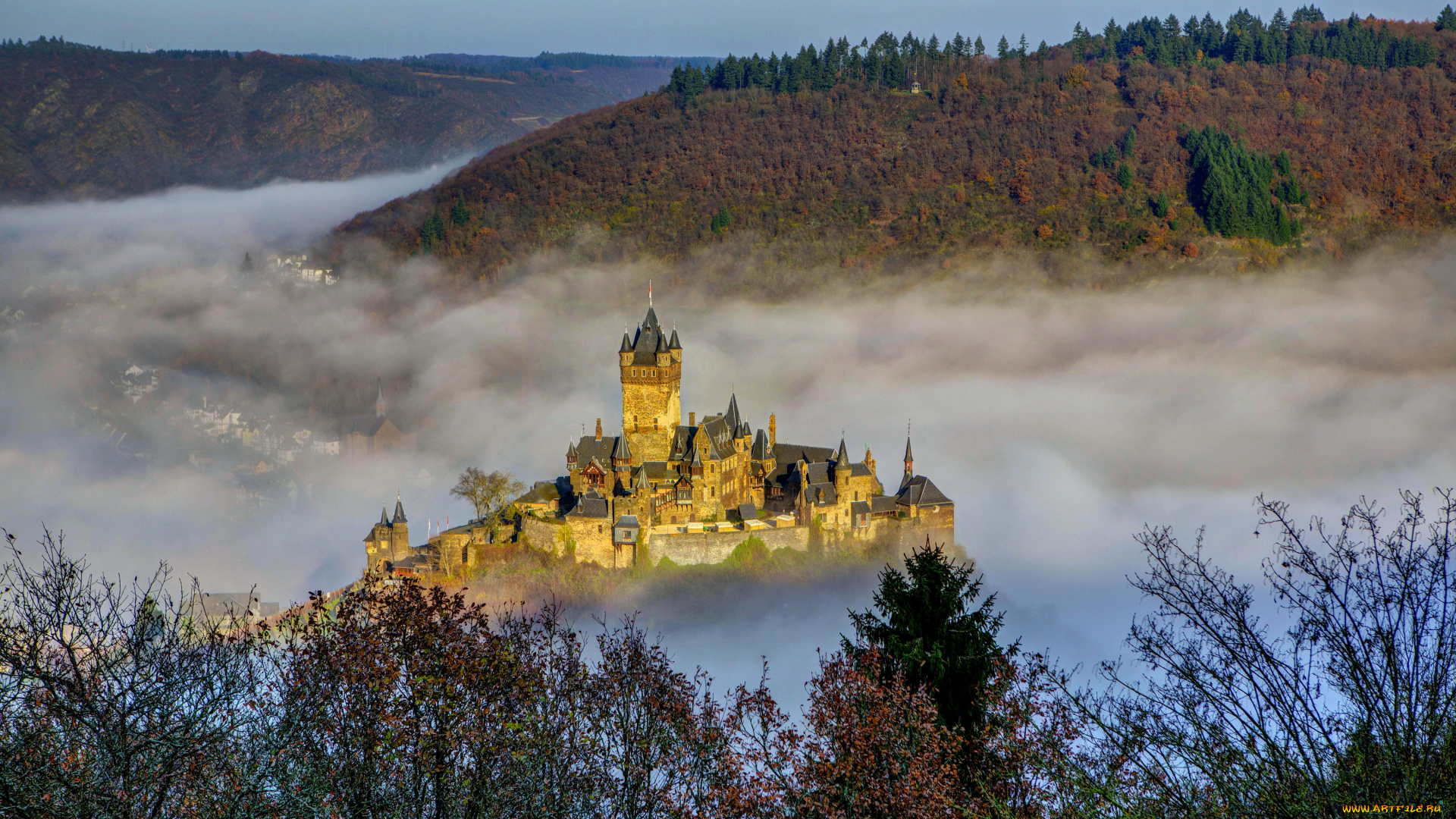 reichsburg, cochem, , германия, города, кохем, , германия, туман, замок, reichsburg, cochem