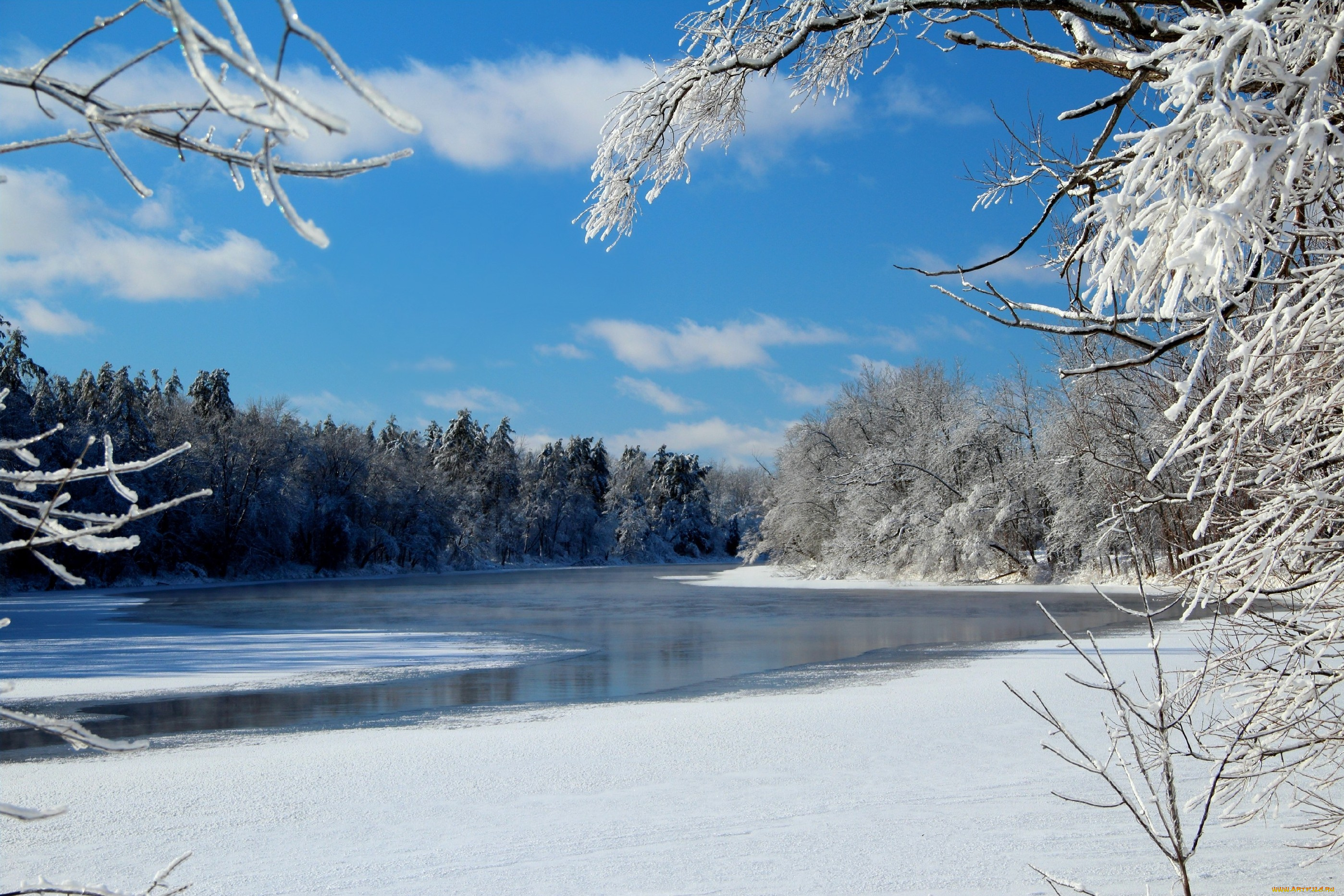 природа, зима, снег, река, деревья