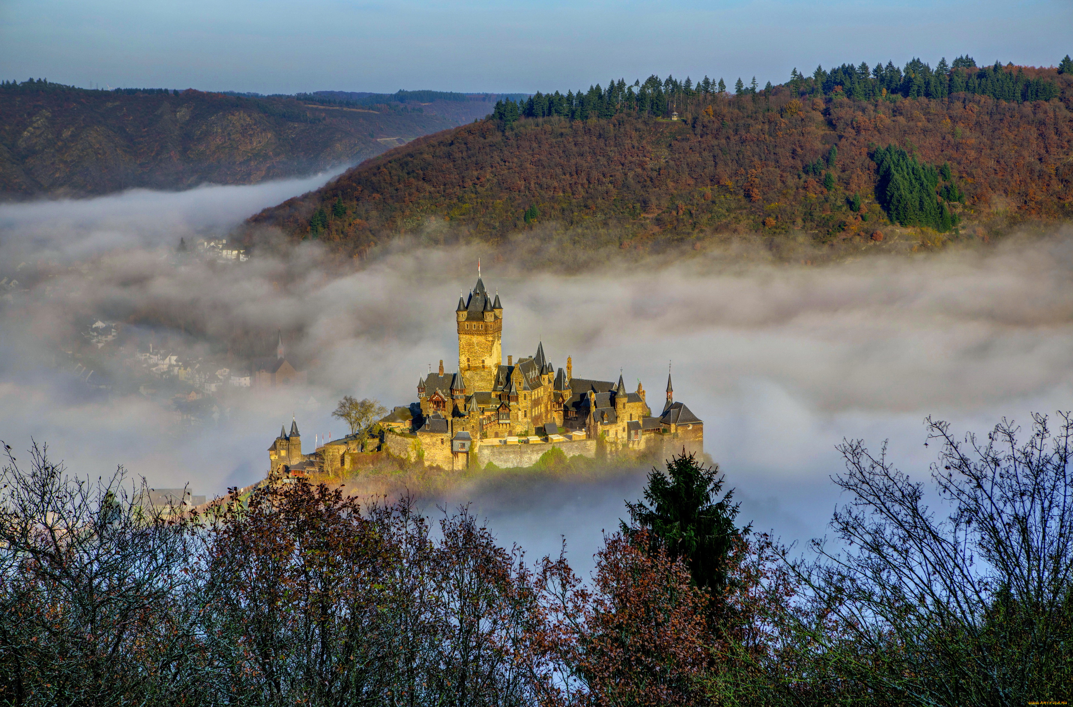 reichsburg, cochem, , германия, города, кохем, , германия, туман, замок, reichsburg, cochem