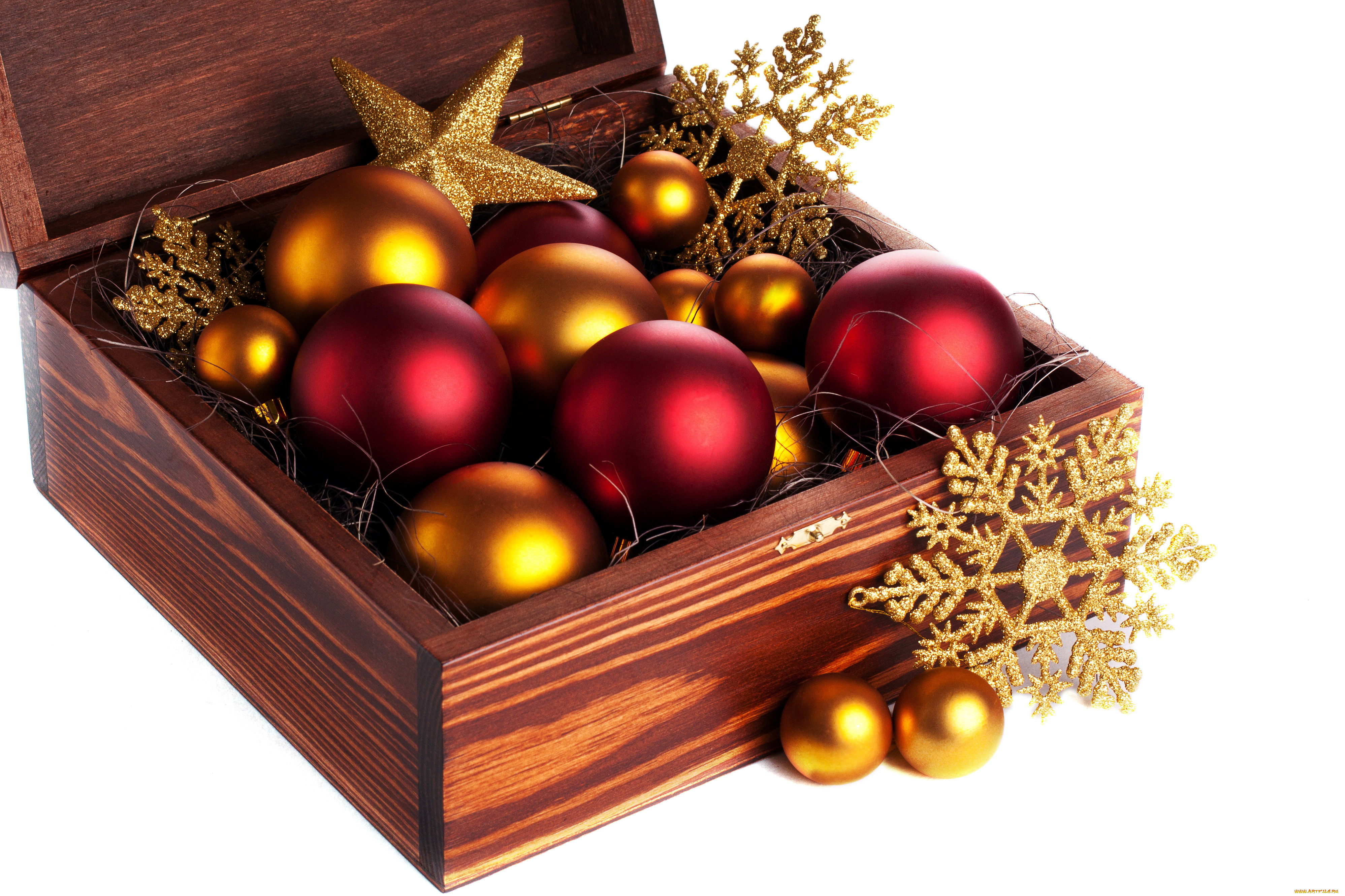 праздничные, шарики, красный, коробка, золотой, снежинки