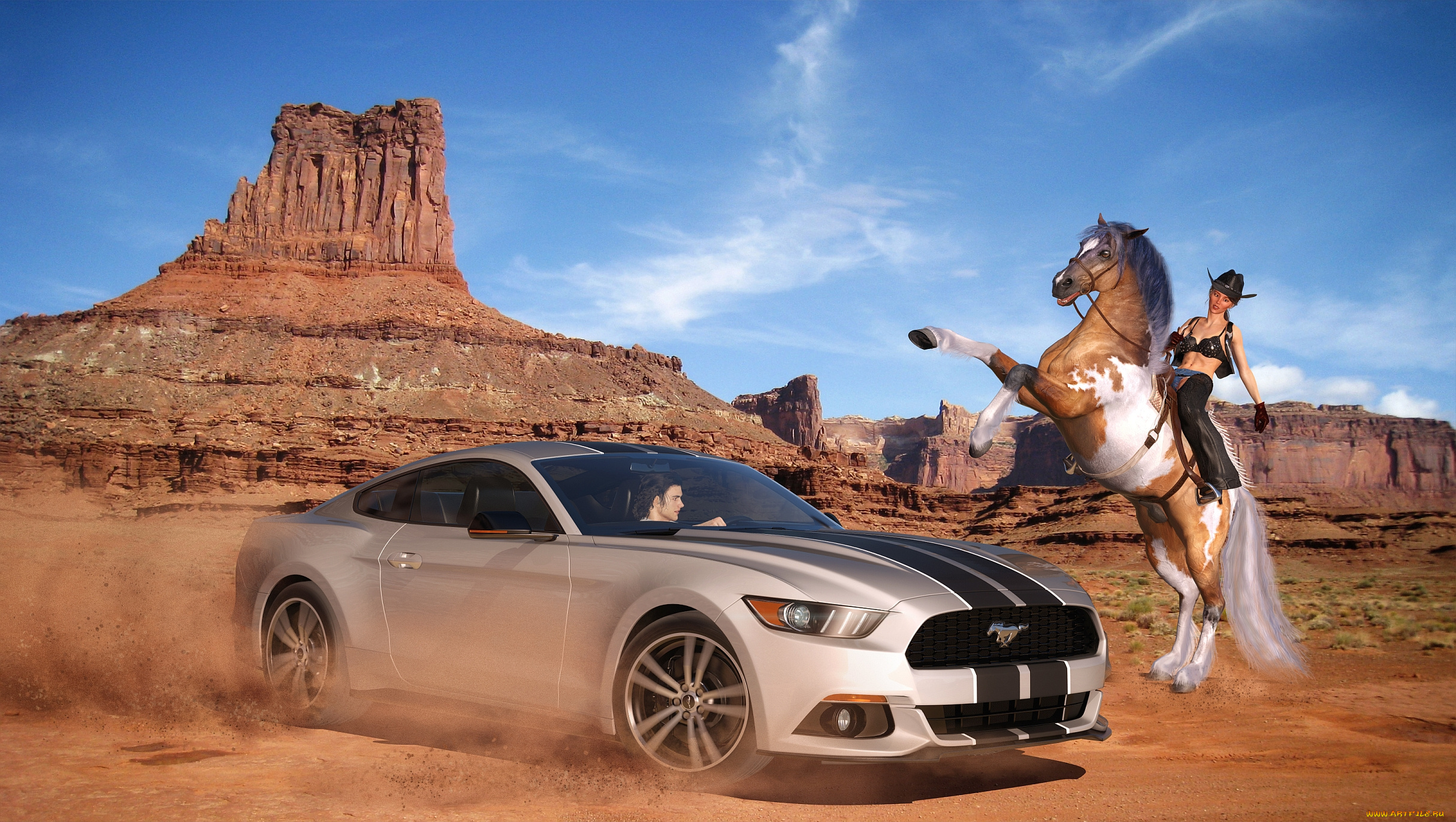 Машина с бегущей лошадью. Форд Мустанг и лошадь Мустанг. Машина в пустыне. Мустанг в пустыне.