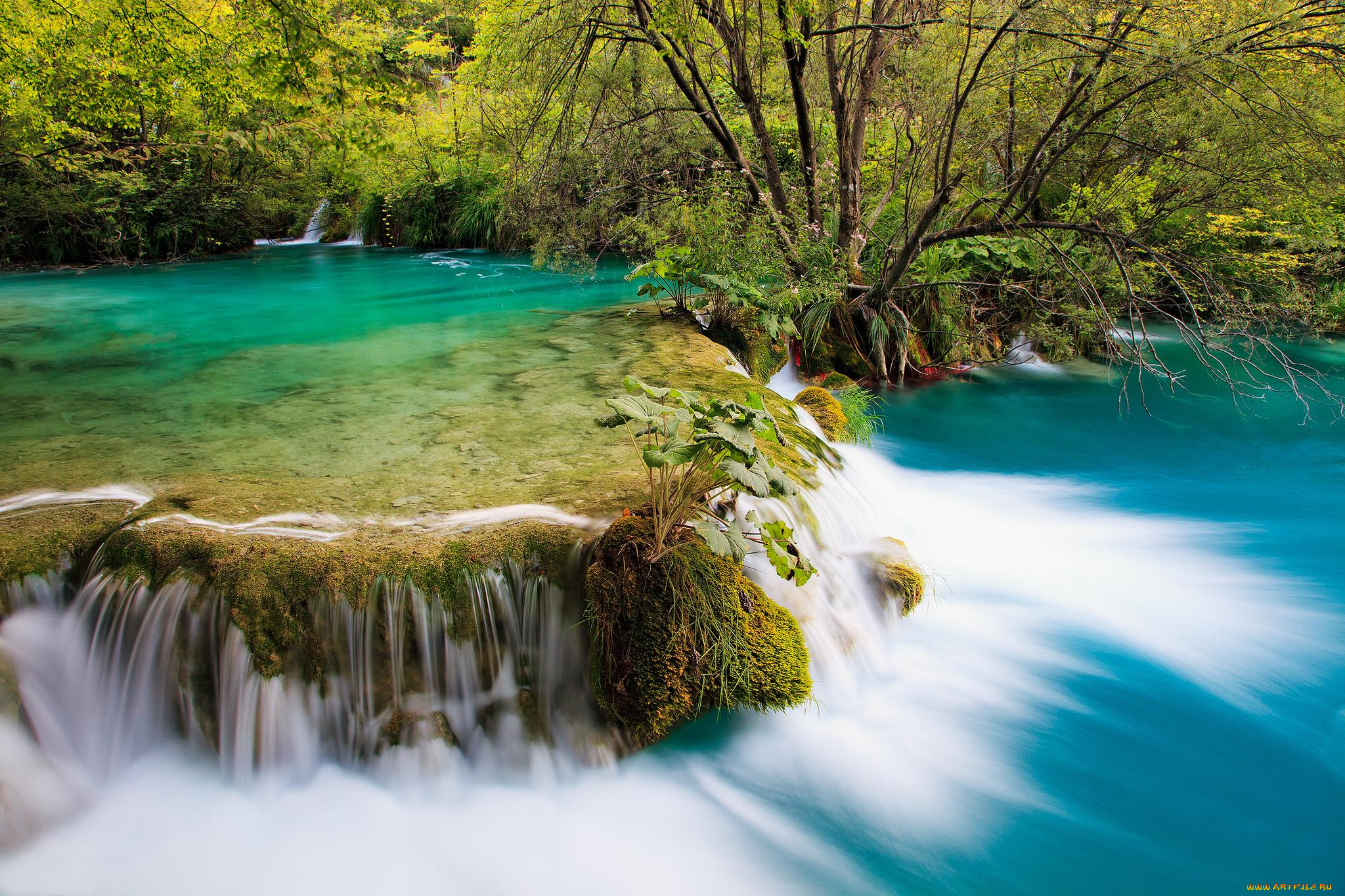 природа, водопады, камни, поток