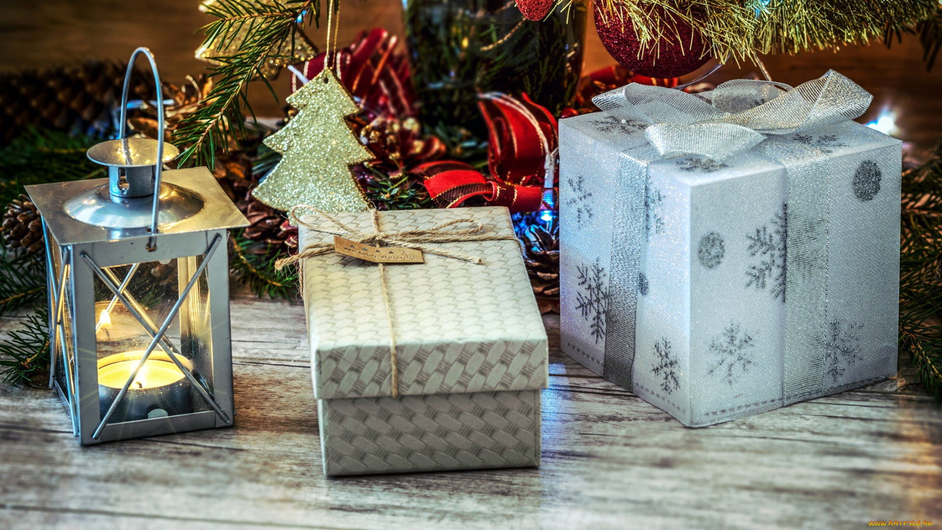 праздничные, подарки, и, коробочки, елка, подарки, свеча