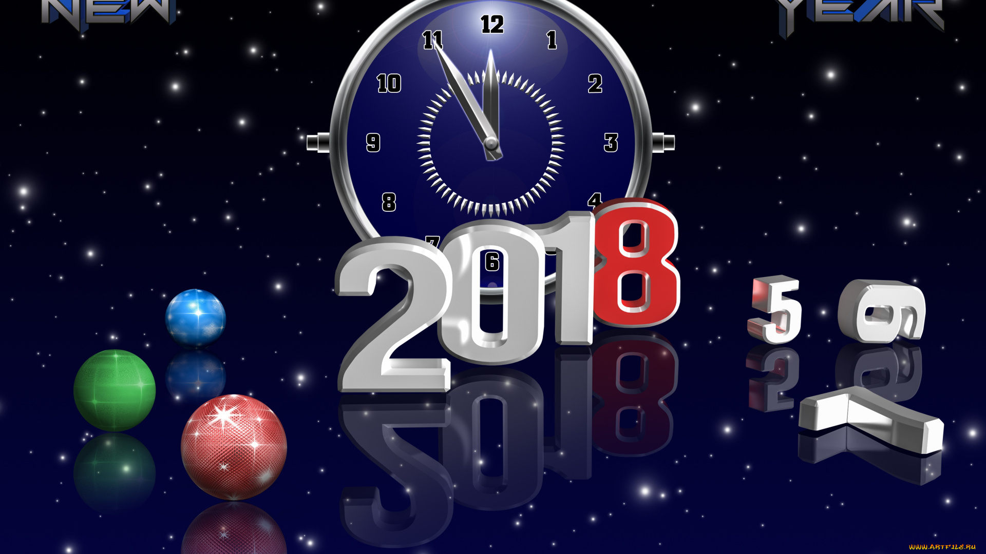праздничные, векторная, графика, , новый, год, фон, 3d, свечение, стрелки, часов, 2018, новогодние, шары, циферблат, градиент, текстура, новый, год, звезды, рендеринг, цифры, время, блики, отражение, света, свет, рождество, года, обои