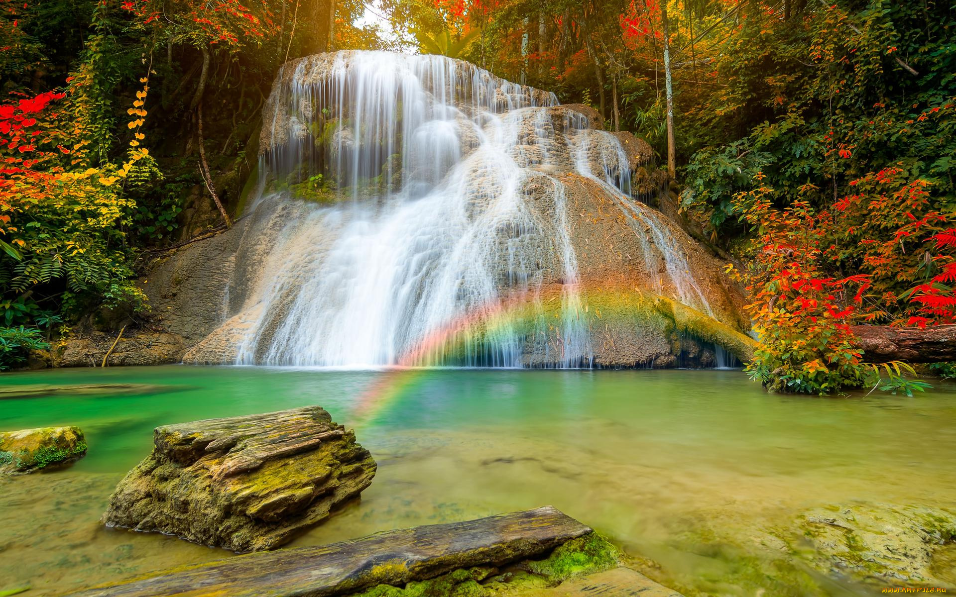 природа, водопады, деревья, пейзаж, таиланд, водопад, осень