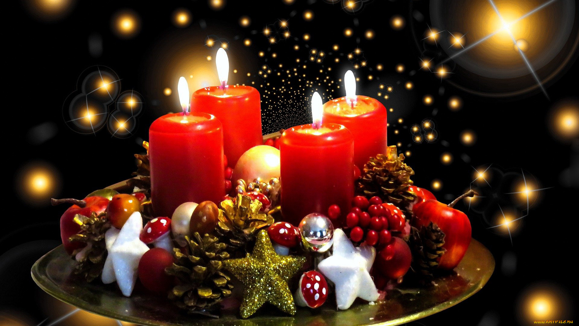 праздничные, новогодние, свечи, огоньки, шишки, композиция, свечи