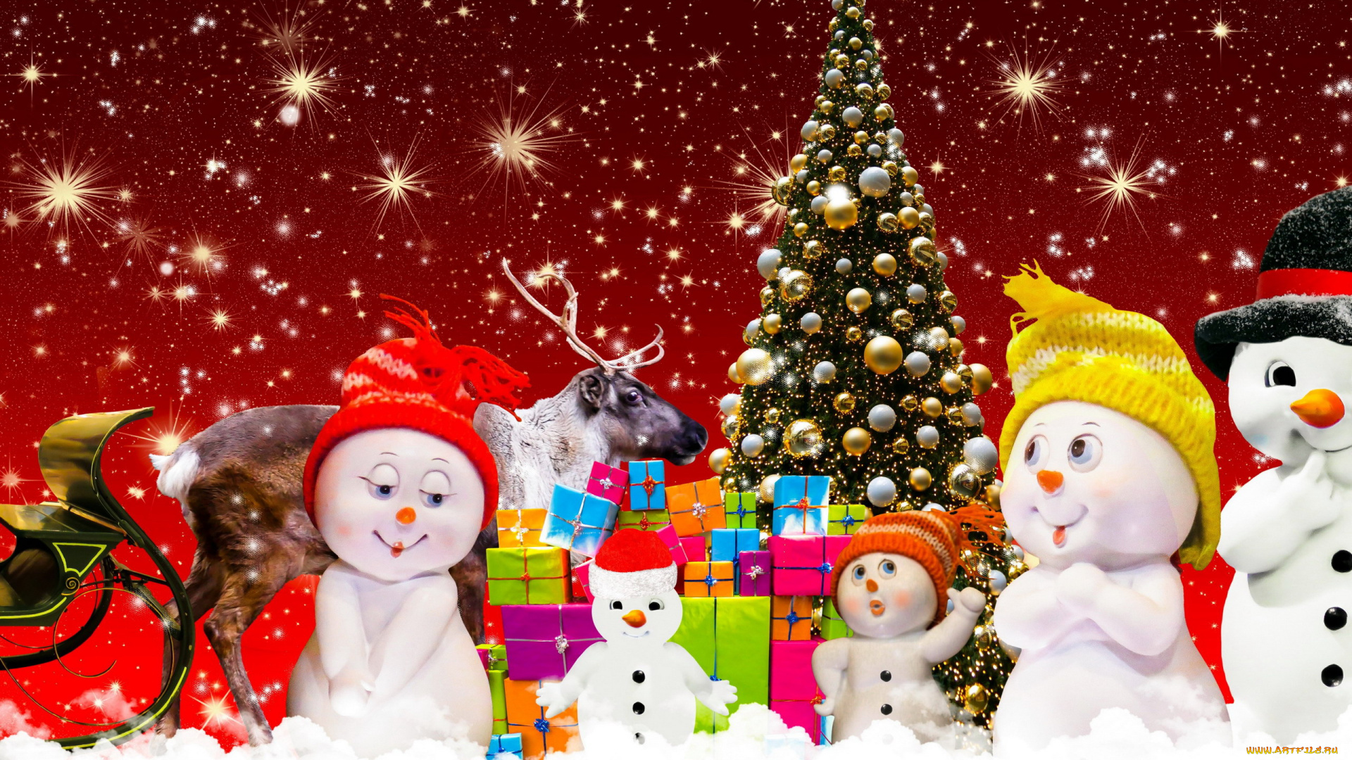 праздничные, снеговики, елка, олень, подарки