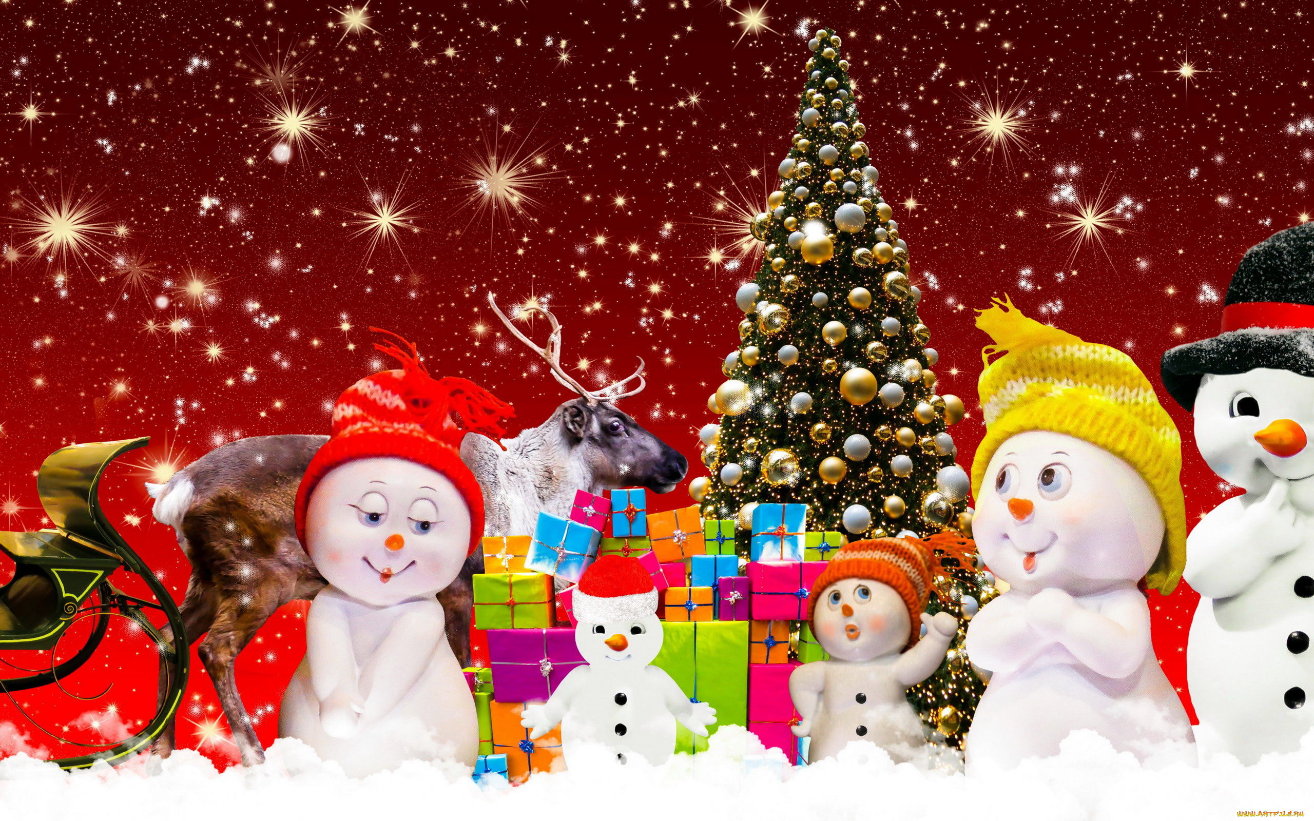 праздничные, снеговики, елка, олень, подарки