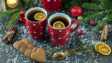 Картинка праздничные угощения печенье корица лимон чай