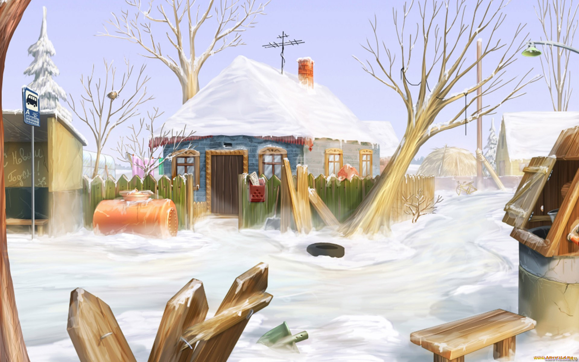 рисованное, города, деревня, дома, снег, остановка, колодец, деревья