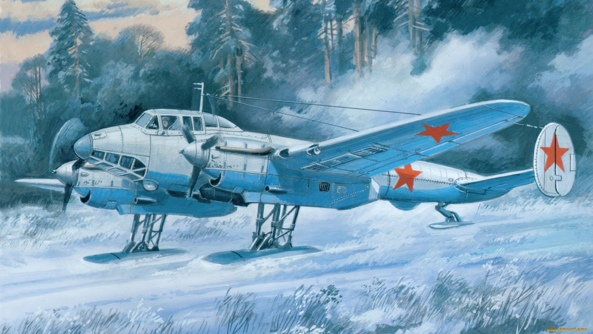 авиация, 3д, рисованые, v-graphic, самолет, снег, лес