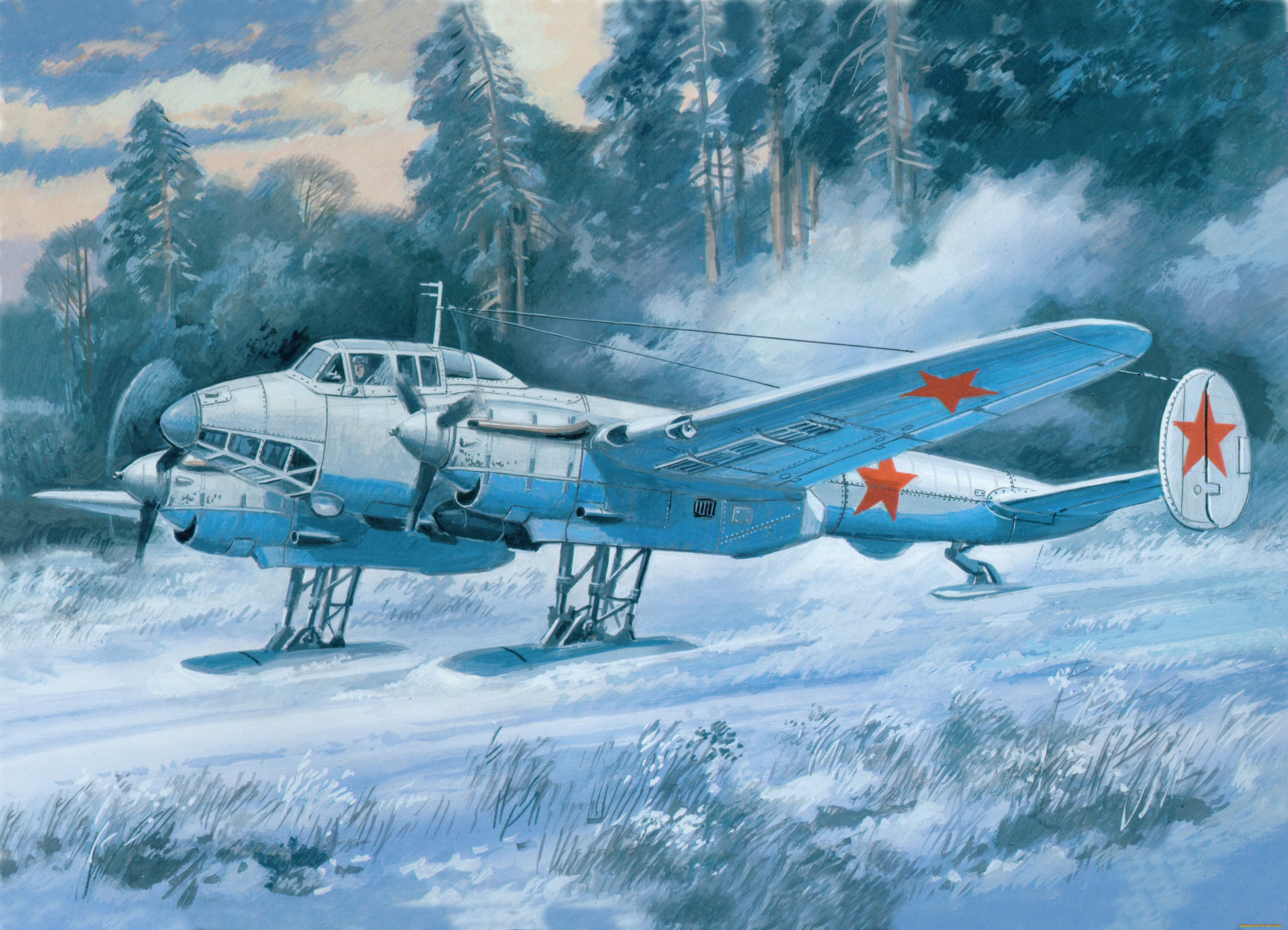 авиация, 3д, рисованые, v-graphic, самолет, снег, лес