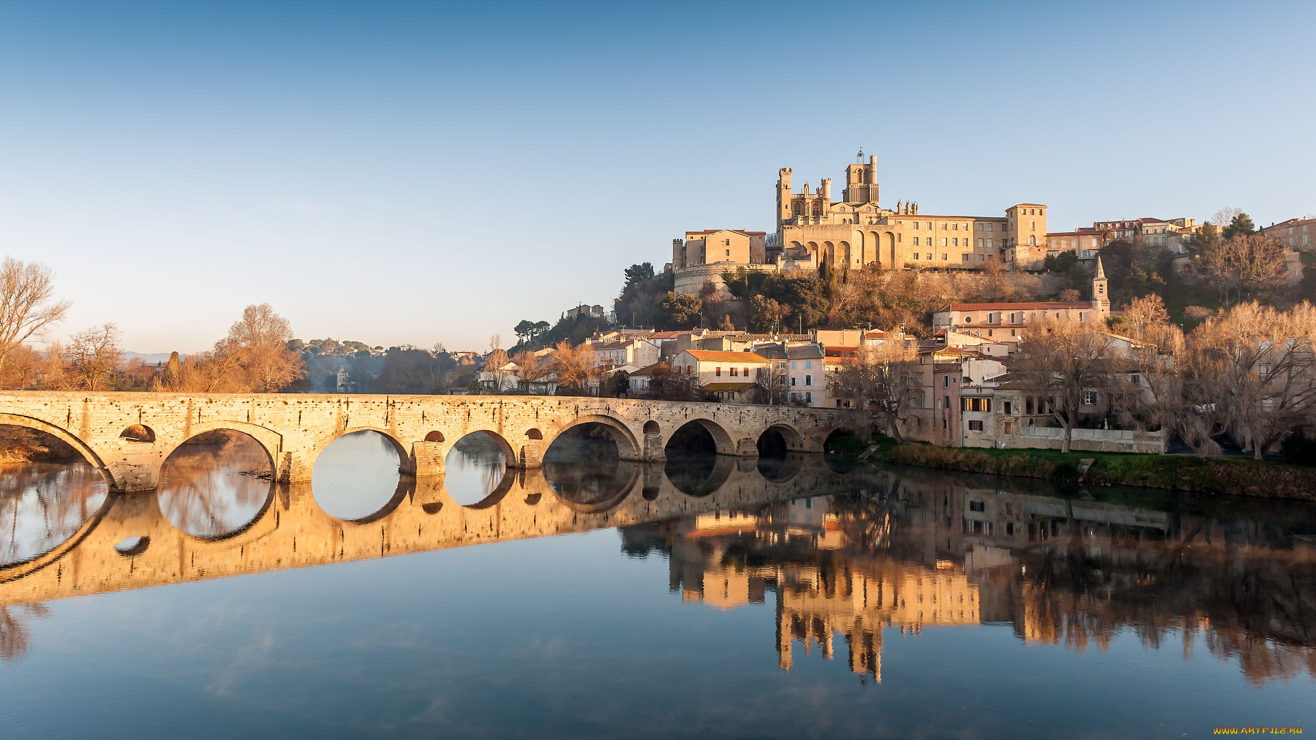 pont, vieux, beziers, france, города, мосты, отражение, пейзаж, здания, собор, река, старый, мост, франция, orb, безье