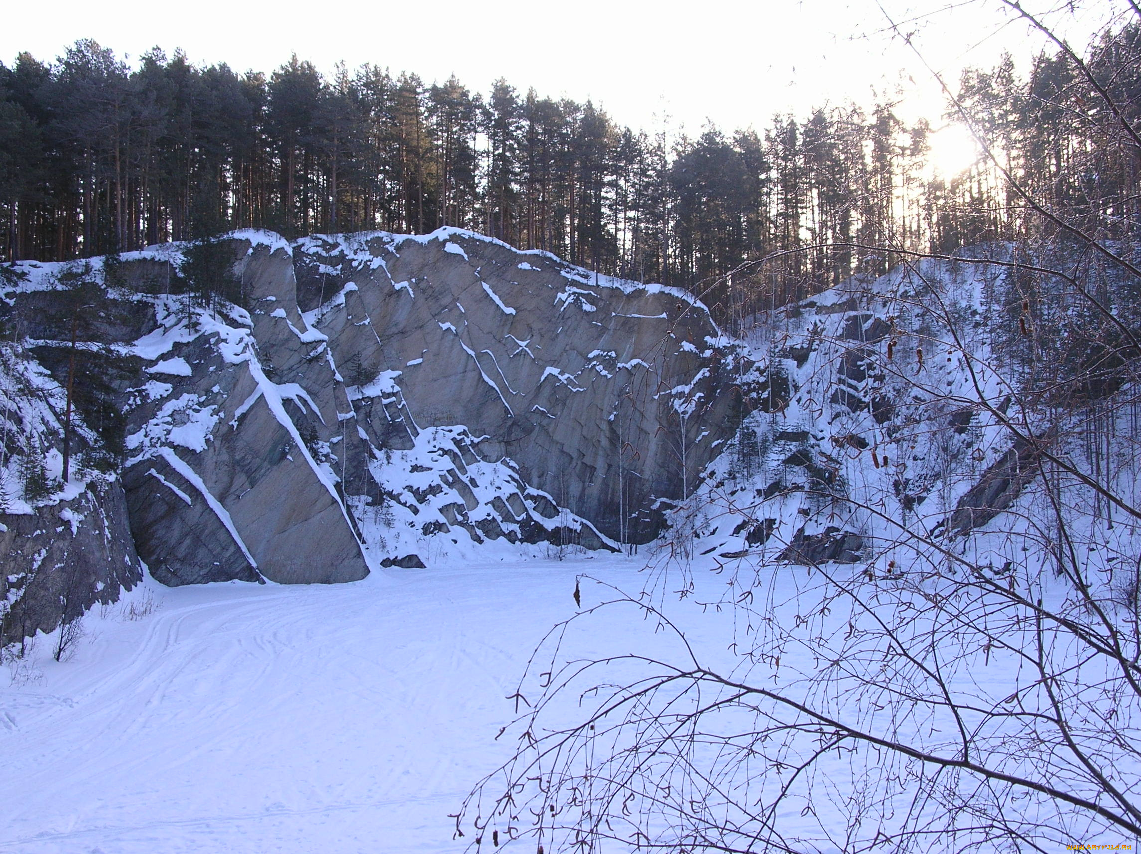 природа, зима, скала, деревья, снег