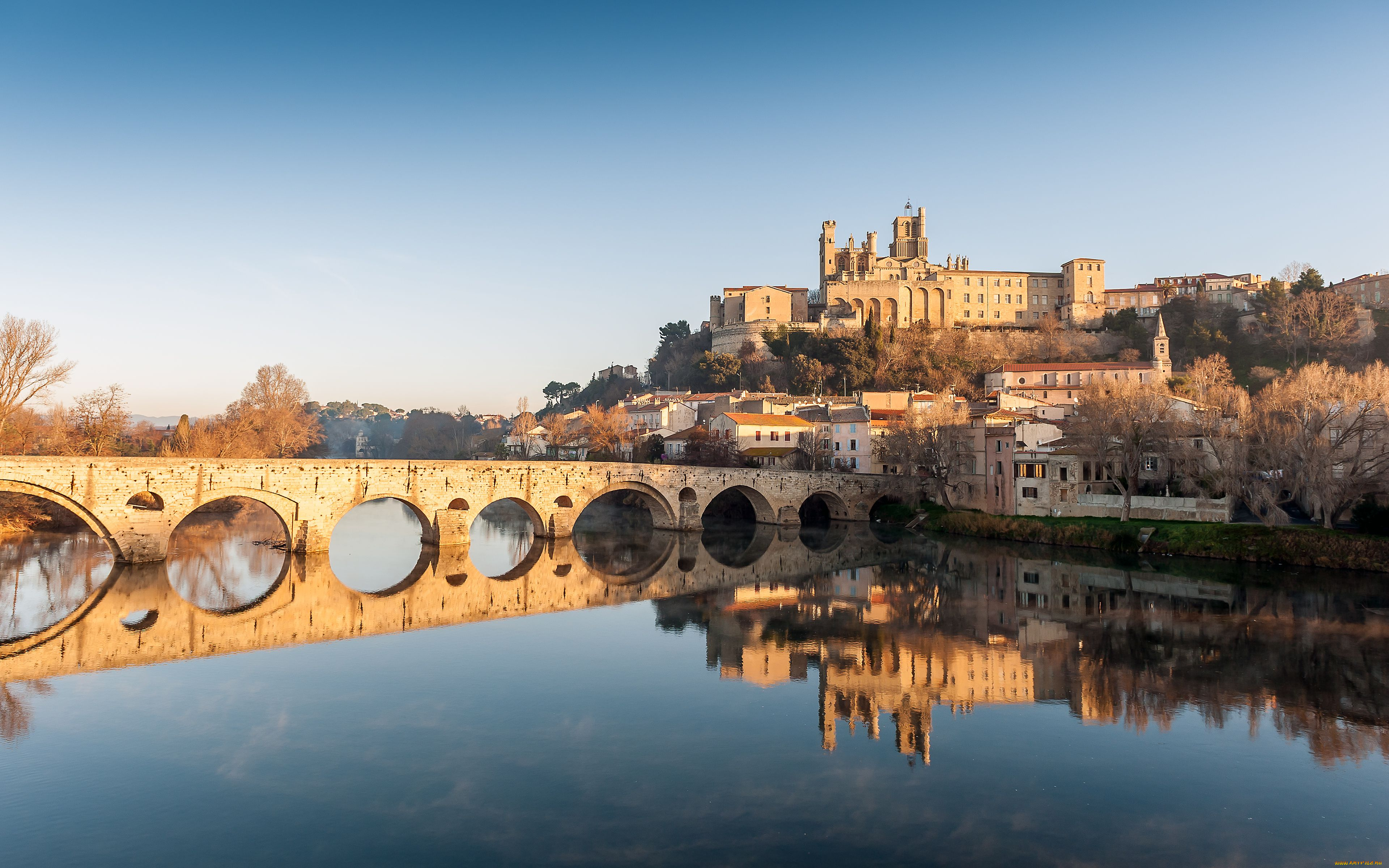 pont, vieux, beziers, france, города, мосты, отражение, пейзаж, здания, собор, река, старый, мост, франция, orb, безье