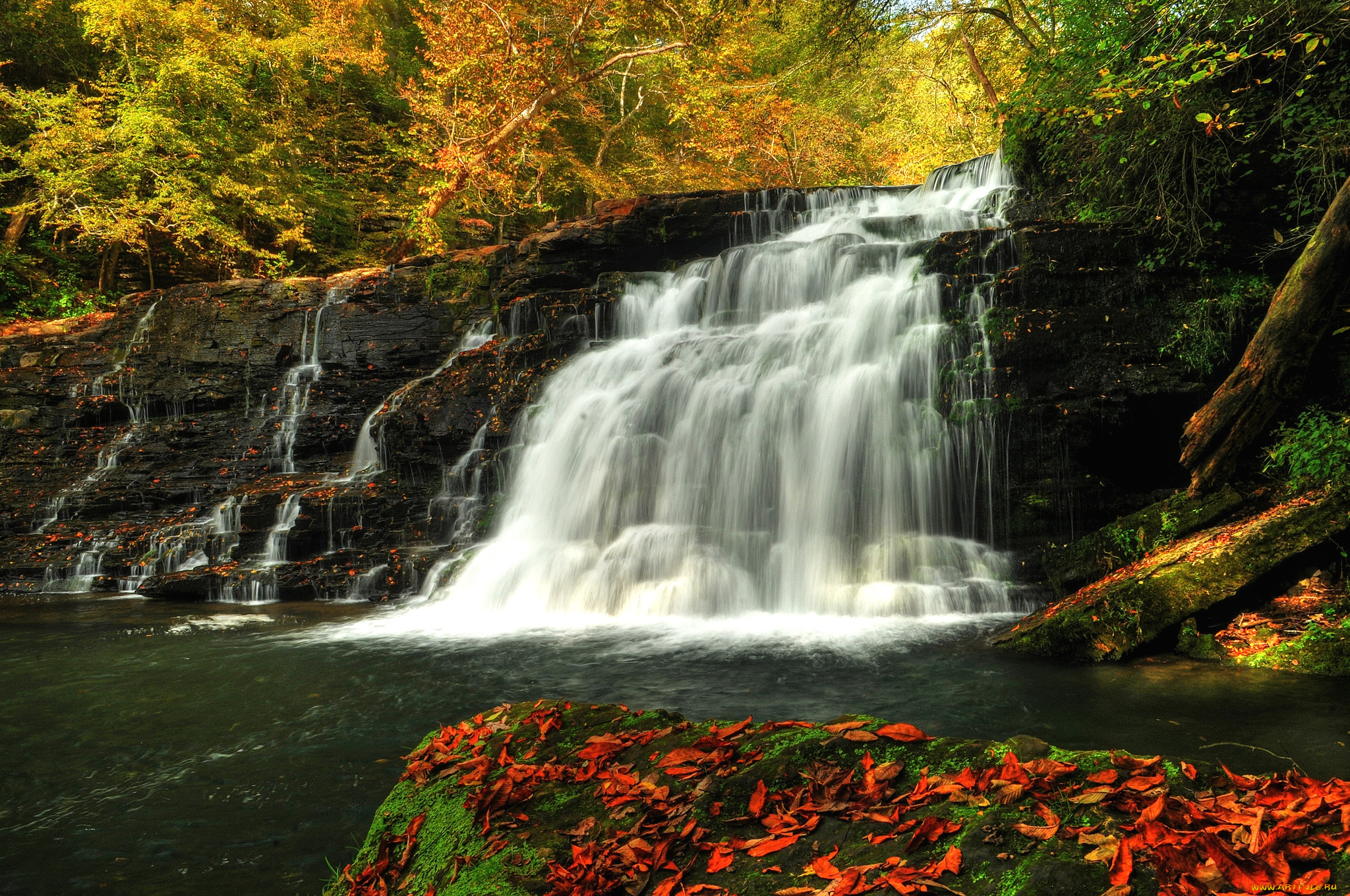 природа, водопады, поток, осень