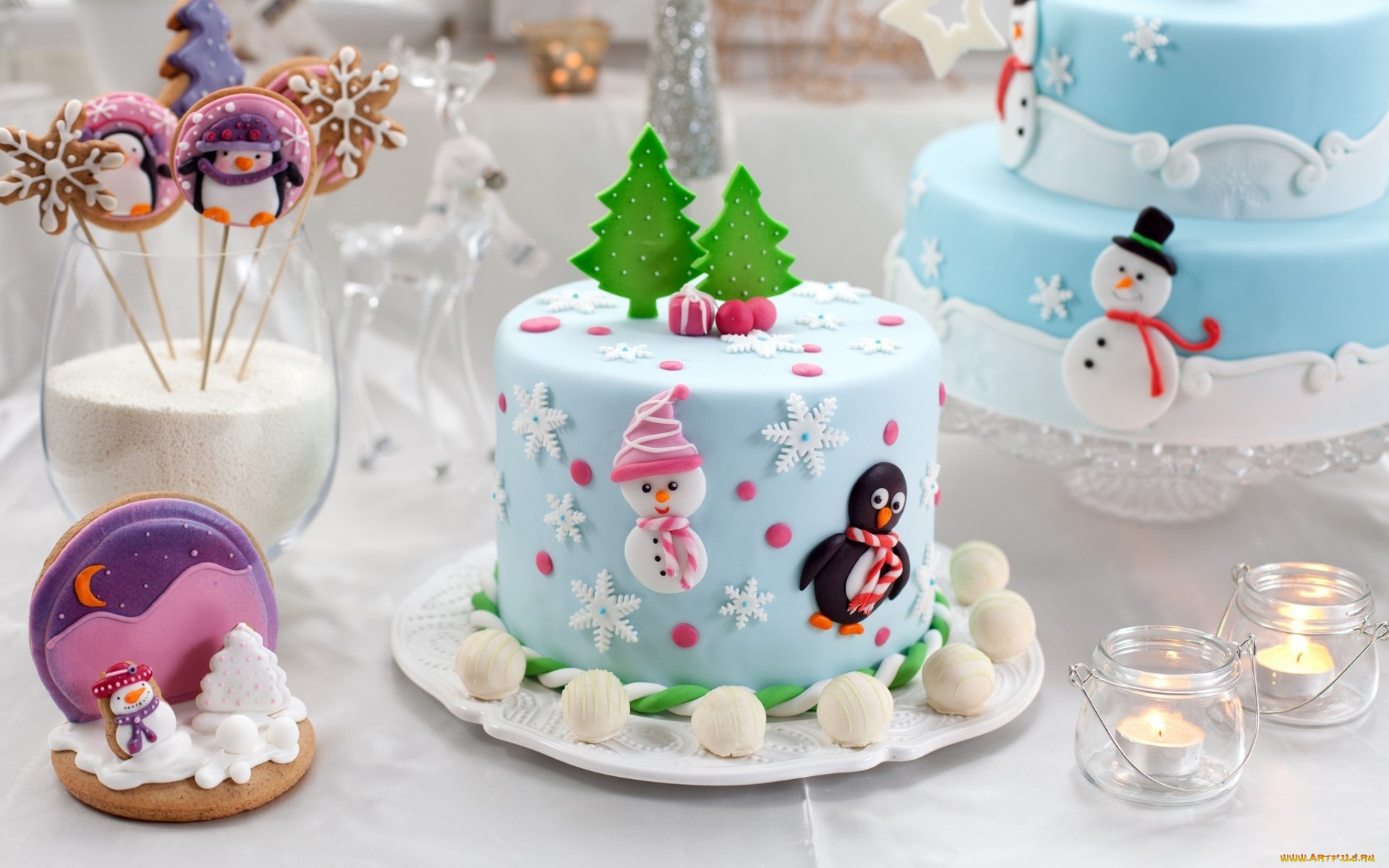праздничные, угощения, снеговики, фигурки, торт, свечи, печенье, бокалы, ёлки, пингвины, снежинки