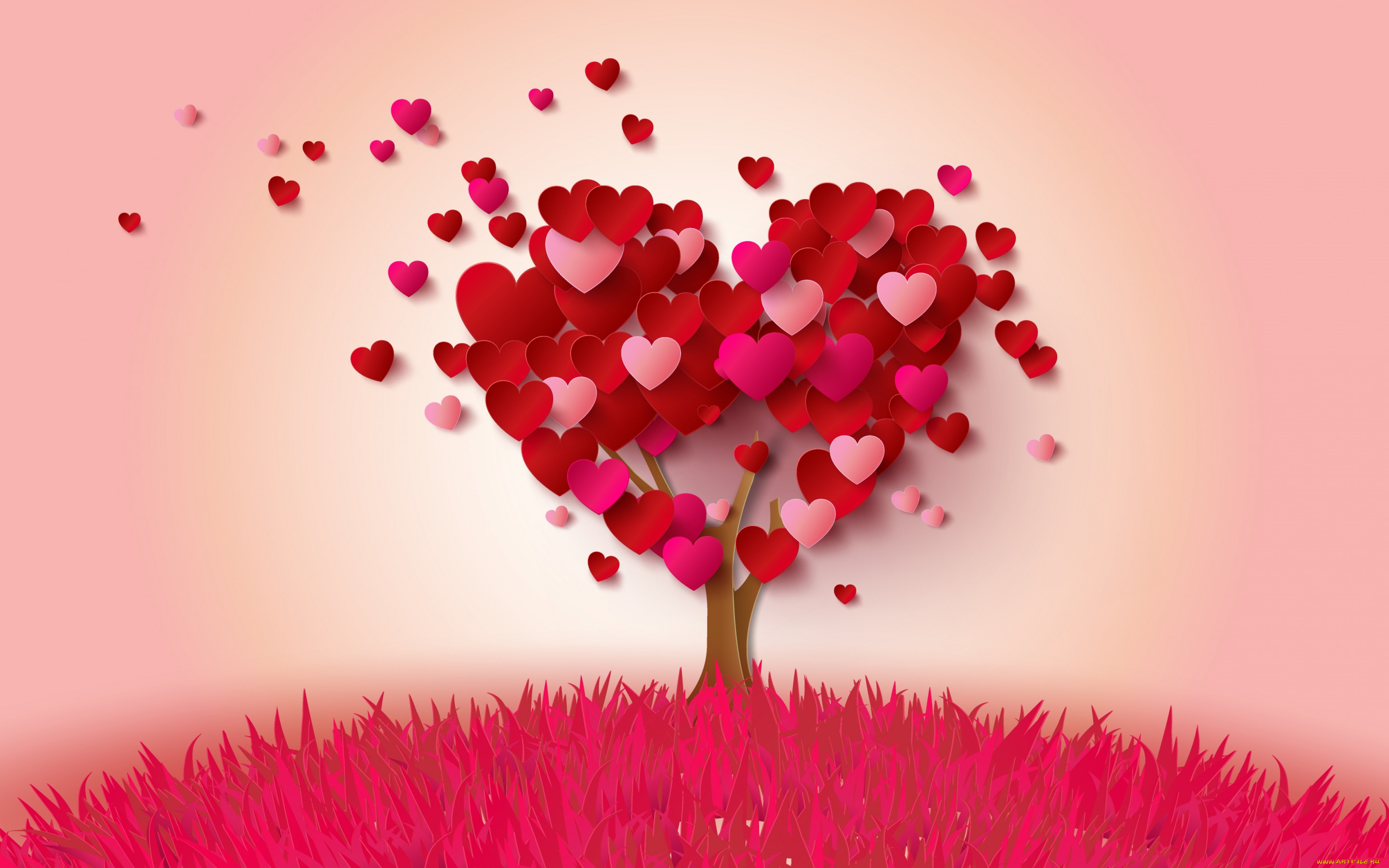 праздничные, день, святого, валентина, , сердечки, , любовь, сердечки, дерево, pink, romantic, heart, love, сердце