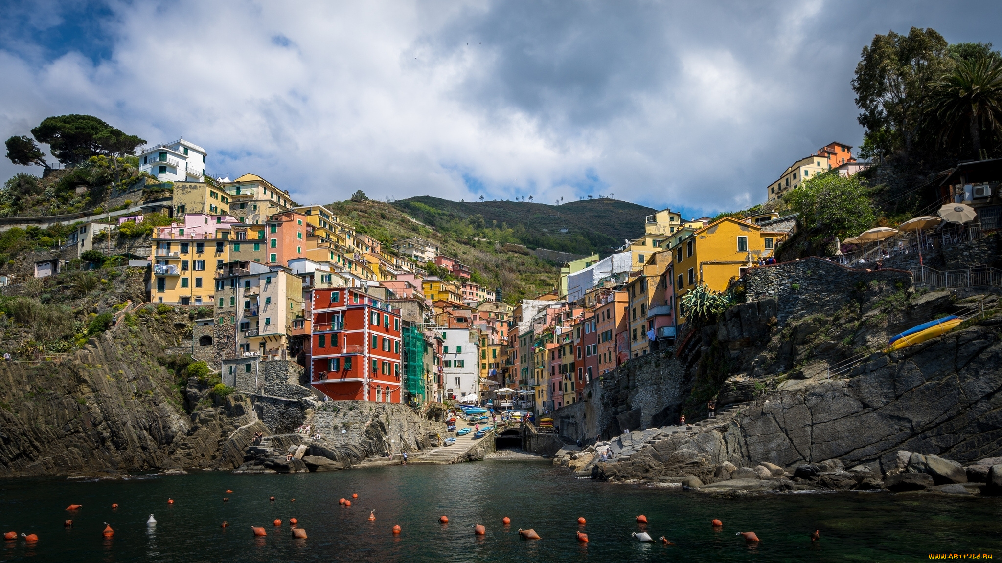 города, -, панорамы, Чинкве-терре, риомаджоре, italy, ligurian, sea, побережье, liguria, cinque, terre, riomaggiore, море, италия, лигурийское, буи, здания, лигурия