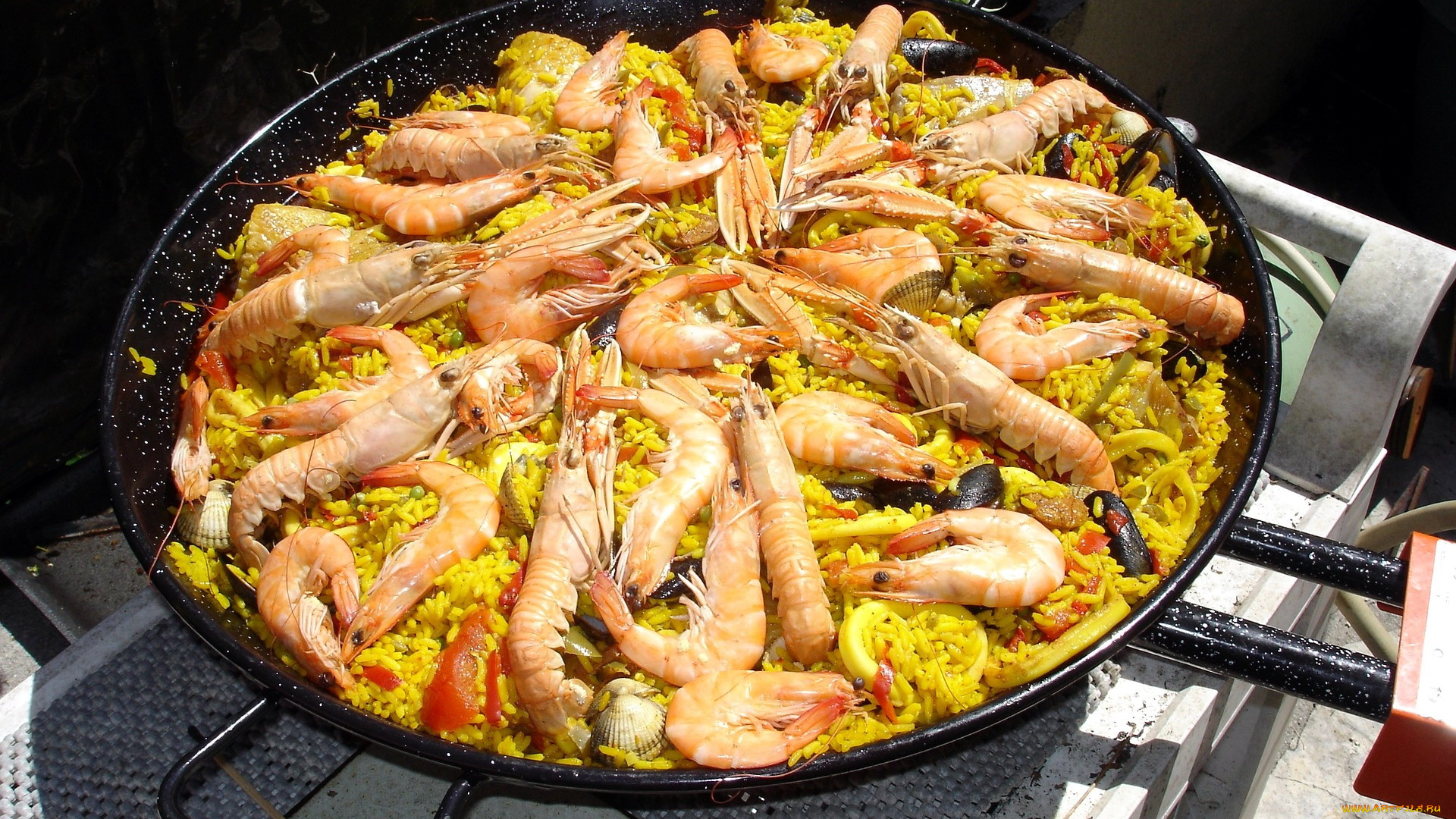 еда, рыбные, блюда, , с, морепродуктами, рис, мидии, креветки, паэлья, кухня, испанская