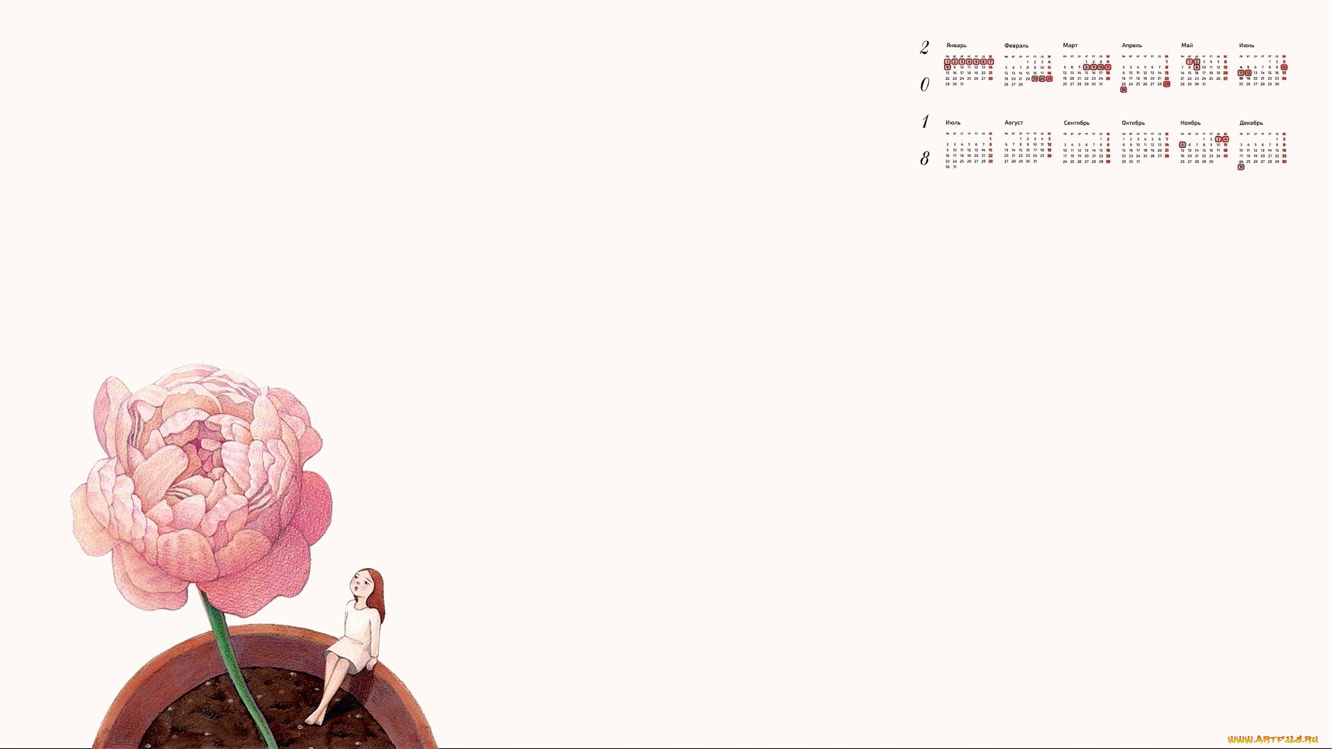 календари, рисованные, , векторная, графика, цветок, девочка, 2018