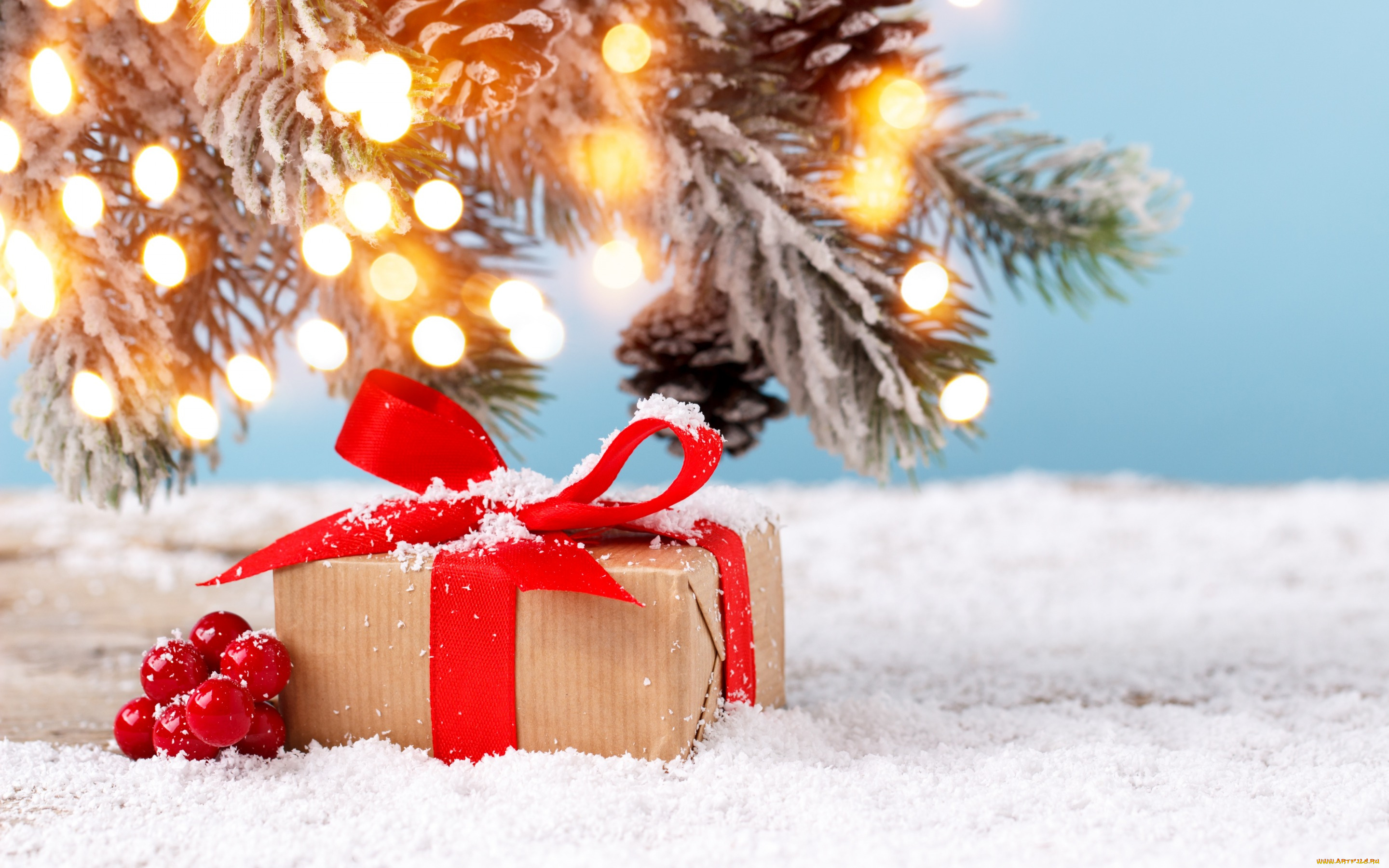 праздничные, подарки, и, коробочки, подарки, новый, год, зима, снег, фонарики, гирлянда, елка