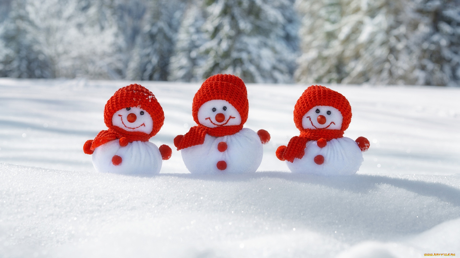 праздничные, снеговики, зима, снег, шапки, шарфики, красные