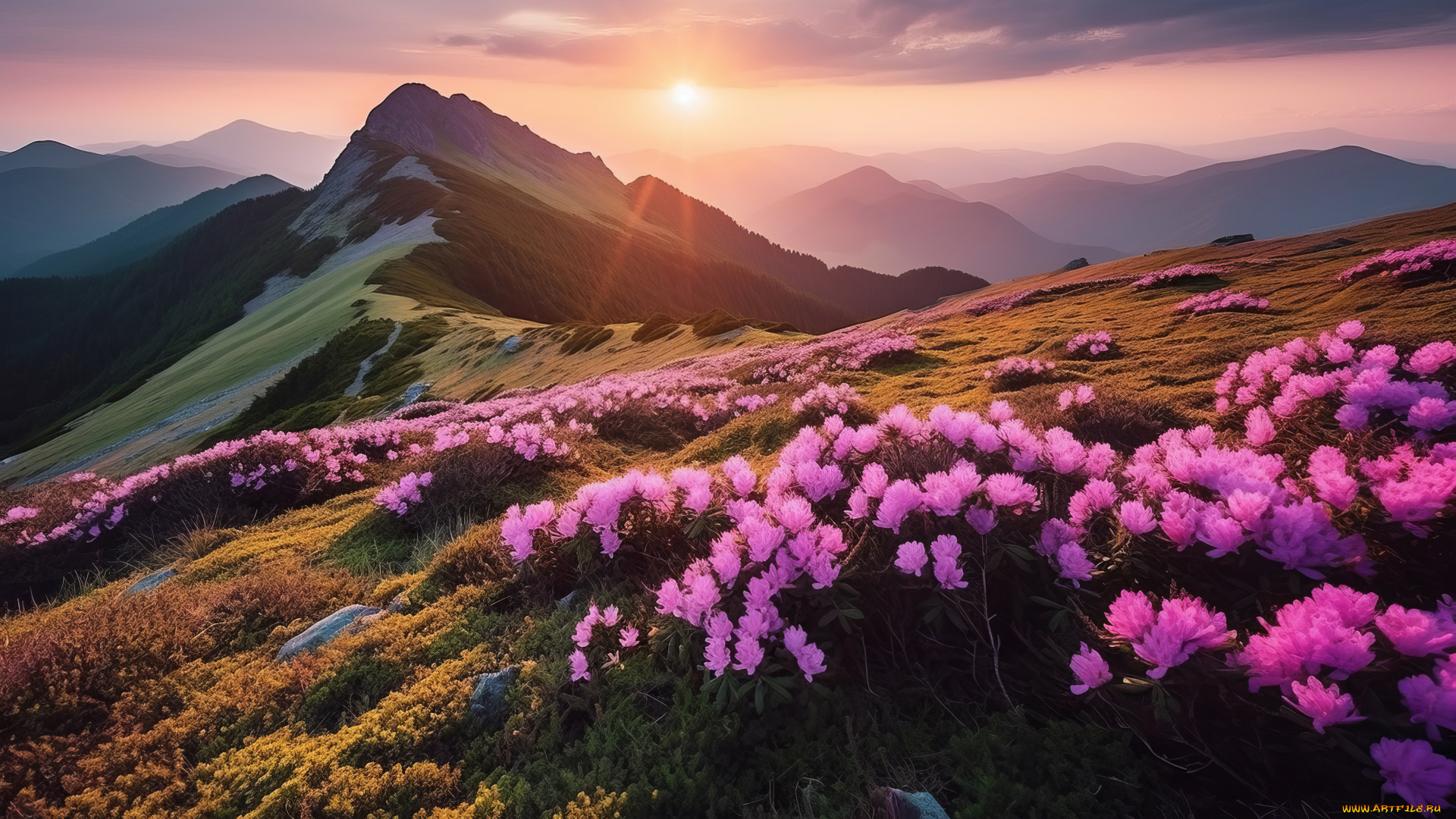 рисованное, природа, цветы, горы, склоны, весна, азия, розовые, кусты