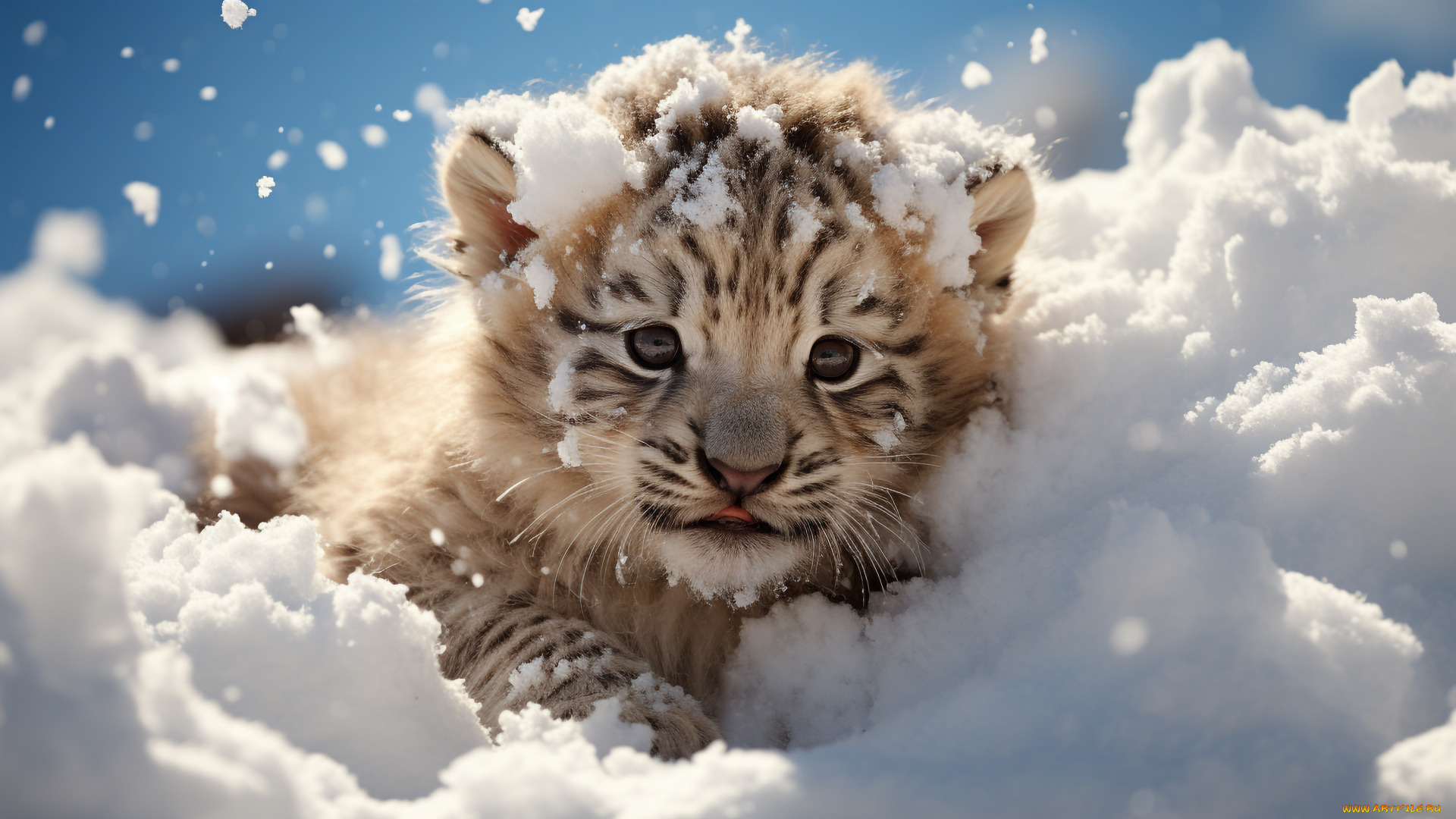 рисованное, животные, , тигры, тигр, снег, котенок, хищник, спереди, цифровое, искусство, большая, кошка