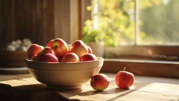 обоя рисованное, еда, свет, стол, яблоки, яблоко, окно, кухня, миска
