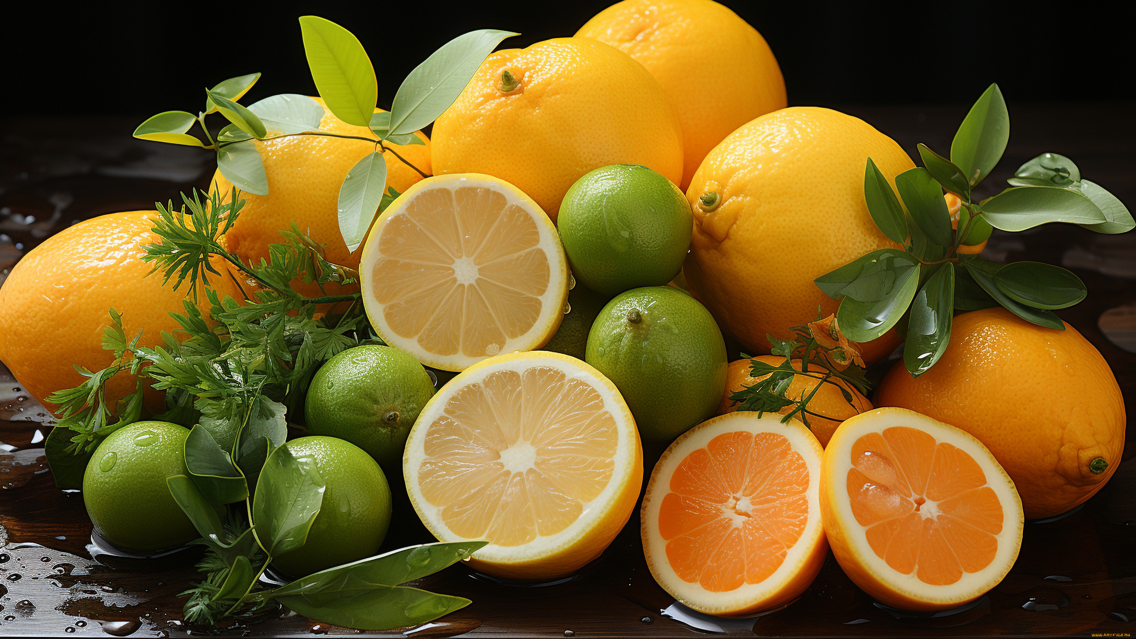 рисованное, еда, листья, вода, капли, влага, апельсины, фрукты, цитрусы, сочные