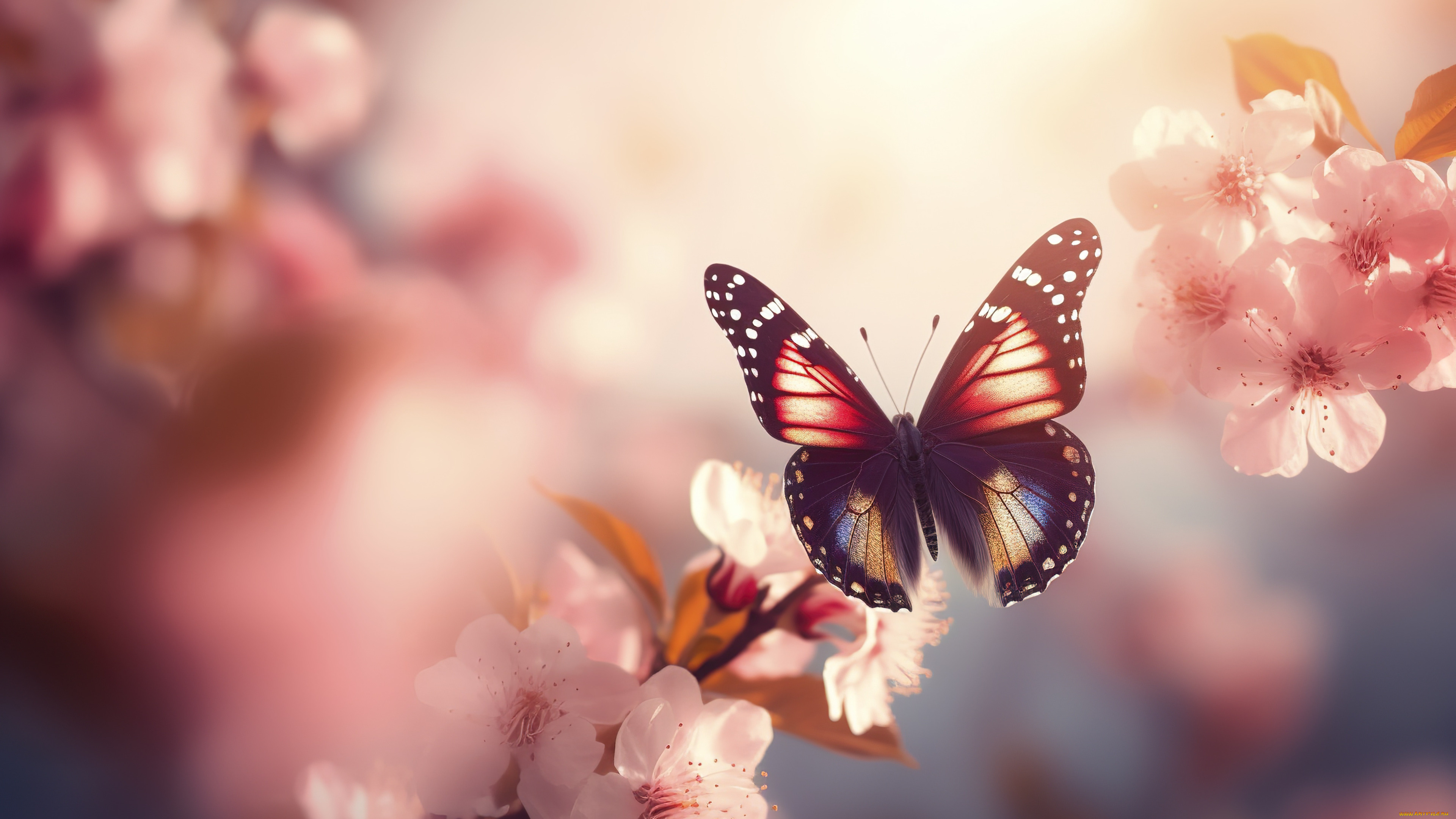рисованное, животные, , бабочки, свет, бабочки, цветы, ветки, бабочка, весна, розовые, цветение
