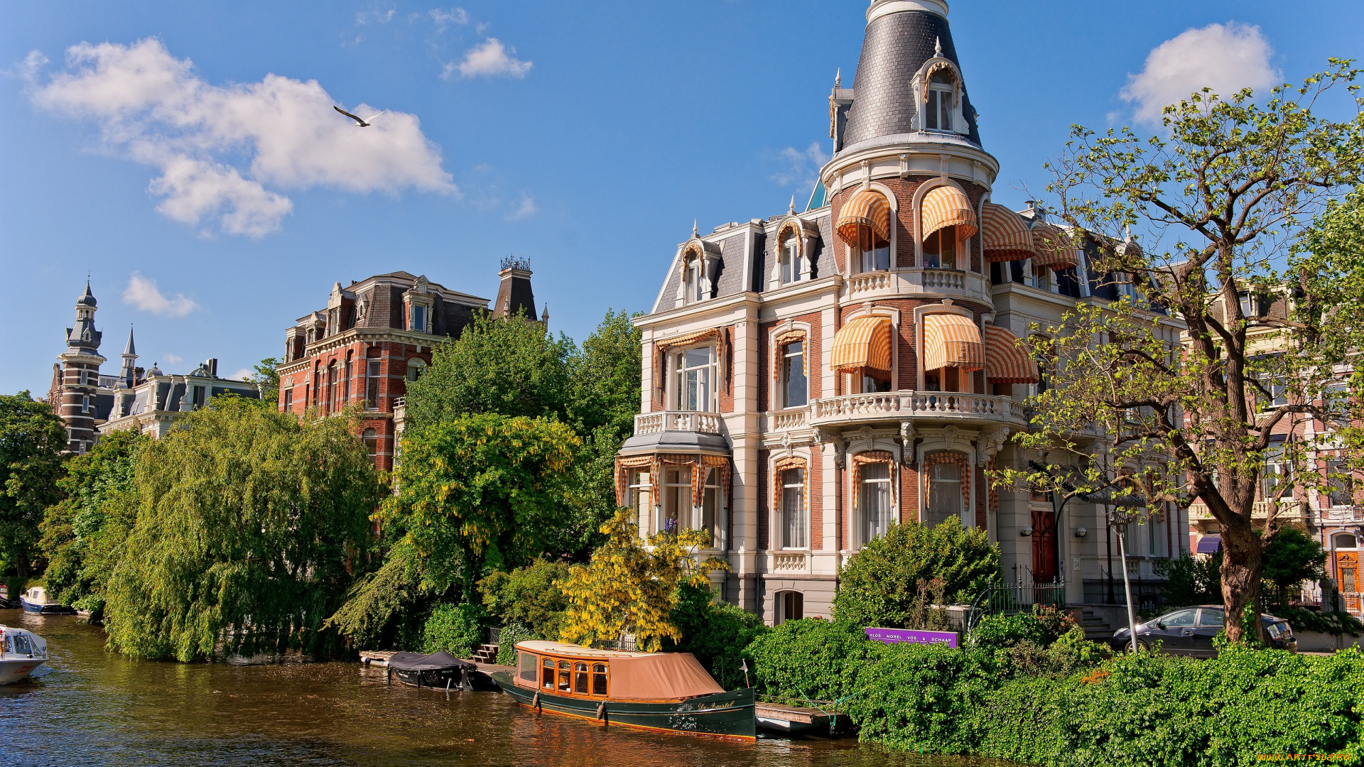 амстердам, города, нидерланды, канал, гостиница, лодки