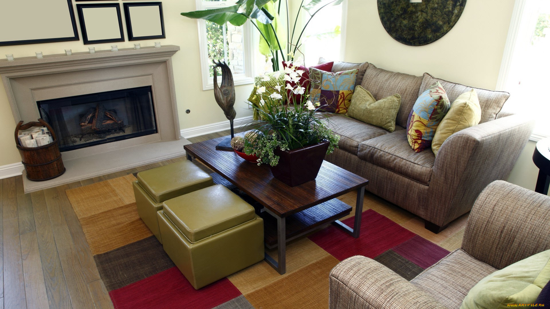 интерьер, гостиная, диван, кресло, подушки, растение, стол, цветы, листья