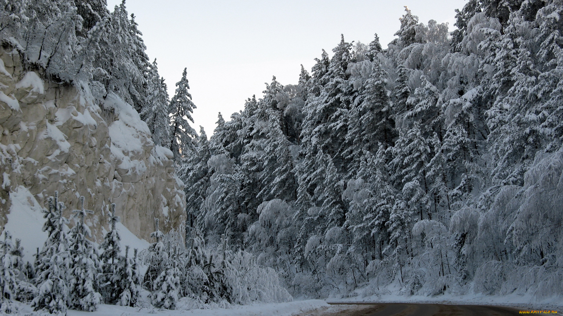 природа, зима, деревья, горы, дорога