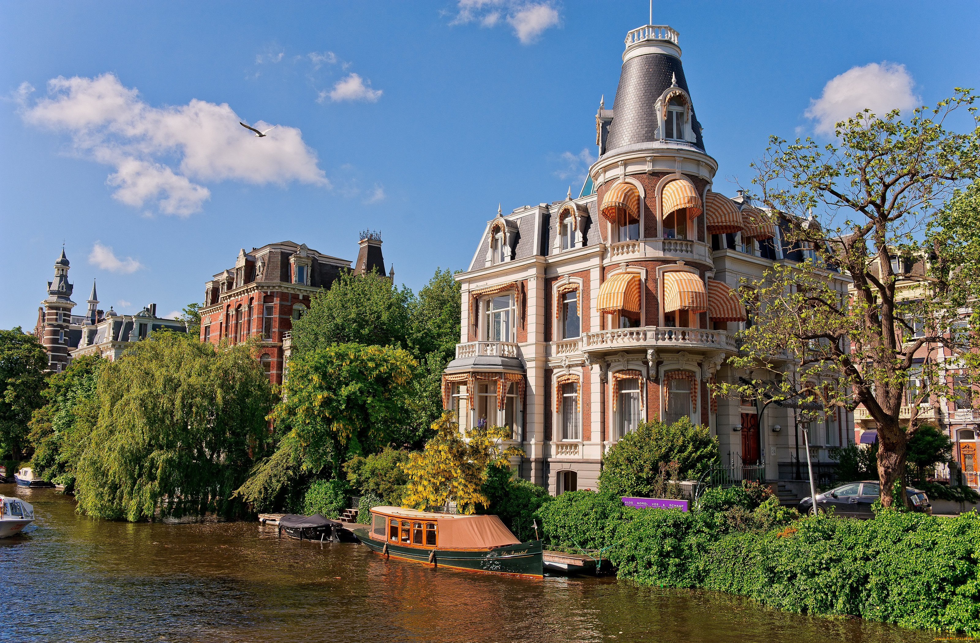 амстердам, города, нидерланды, канал, гостиница, лодки
