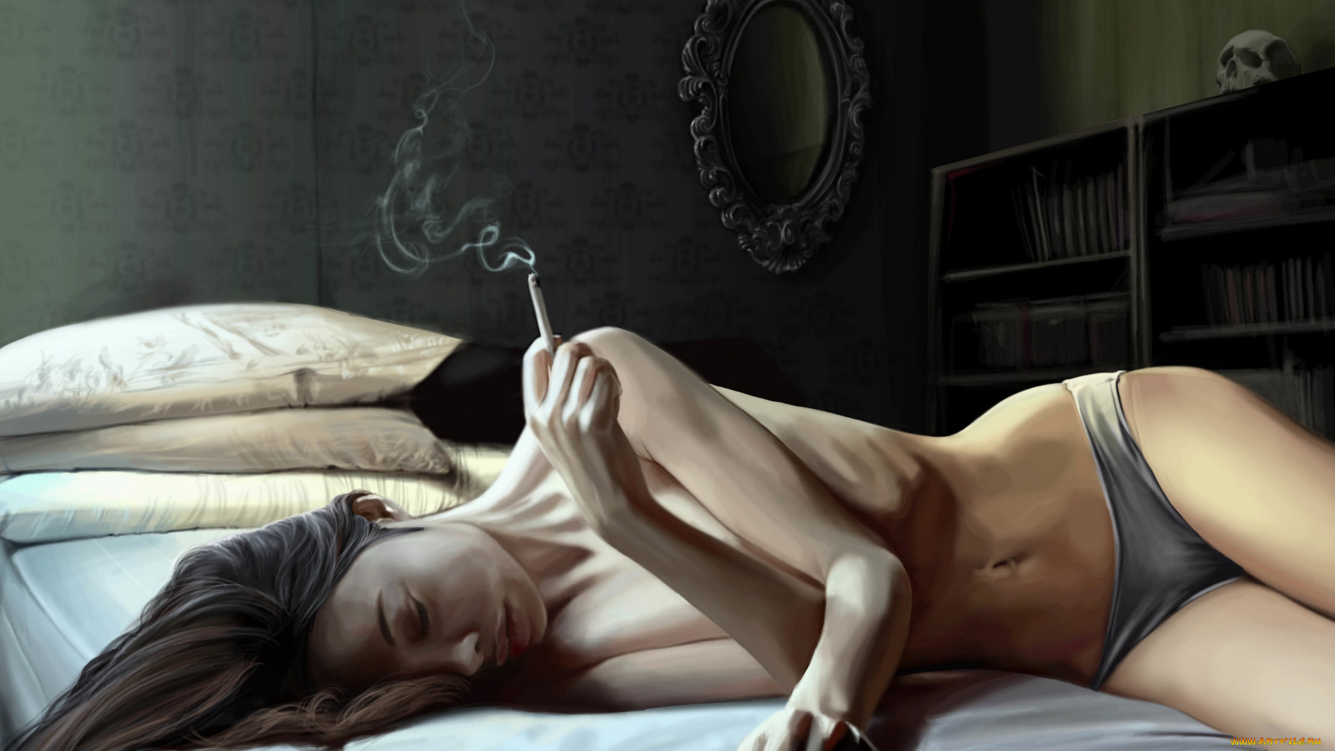 david, garc&, 237, рисованные, garcia, девушка, кровать, сигарета, 