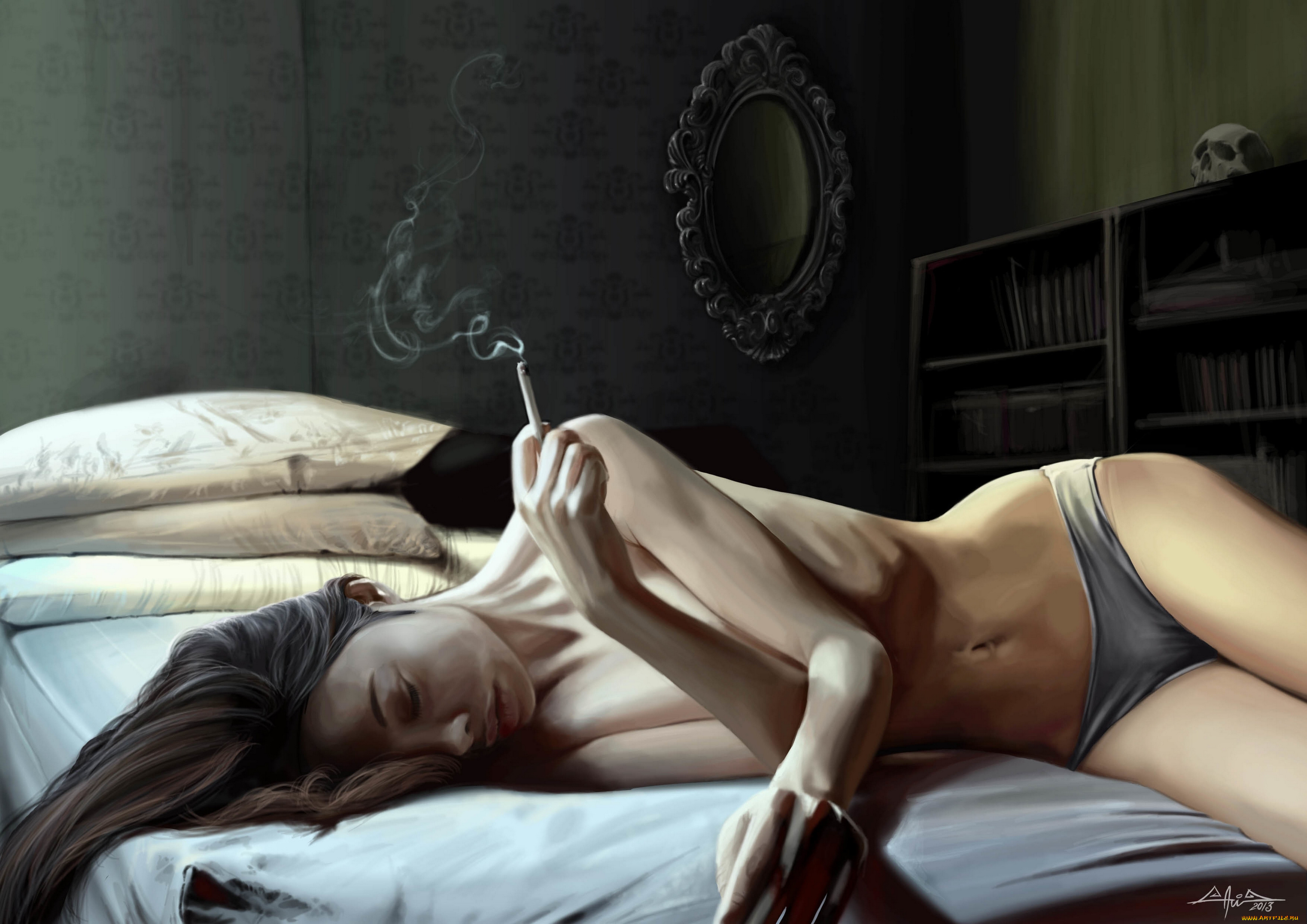 david, garc&, 237, рисованные, garcia, девушка, кровать, сигарета, 