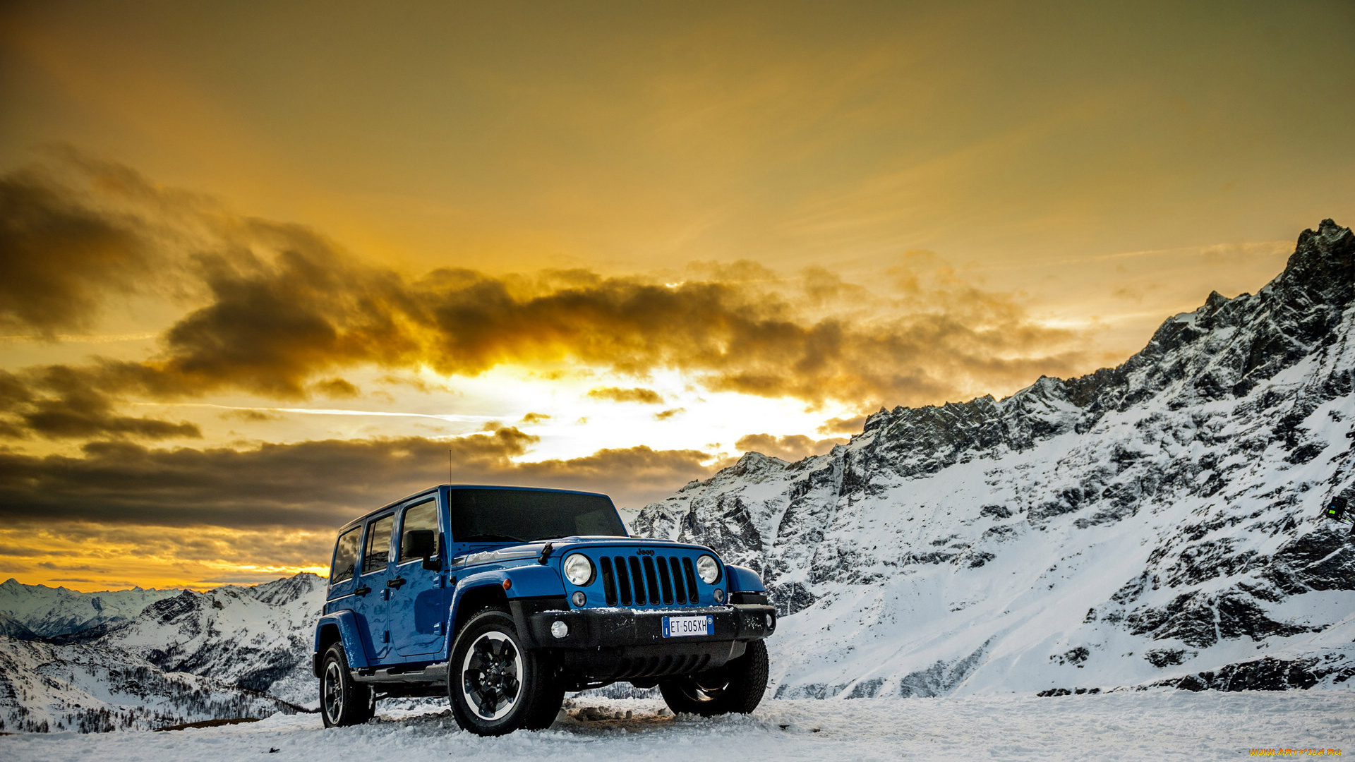 автомобили, jeep, закат, снег, синий
